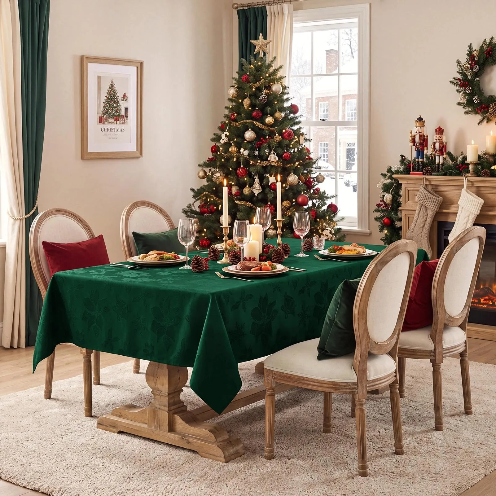 Softalker Tovaglia Rettangolare Natalizia in Tessuto Jacquard e Damascato, Poliestere Impermeabile, 152,4 x 304,8 cm, Verde - immagine 2