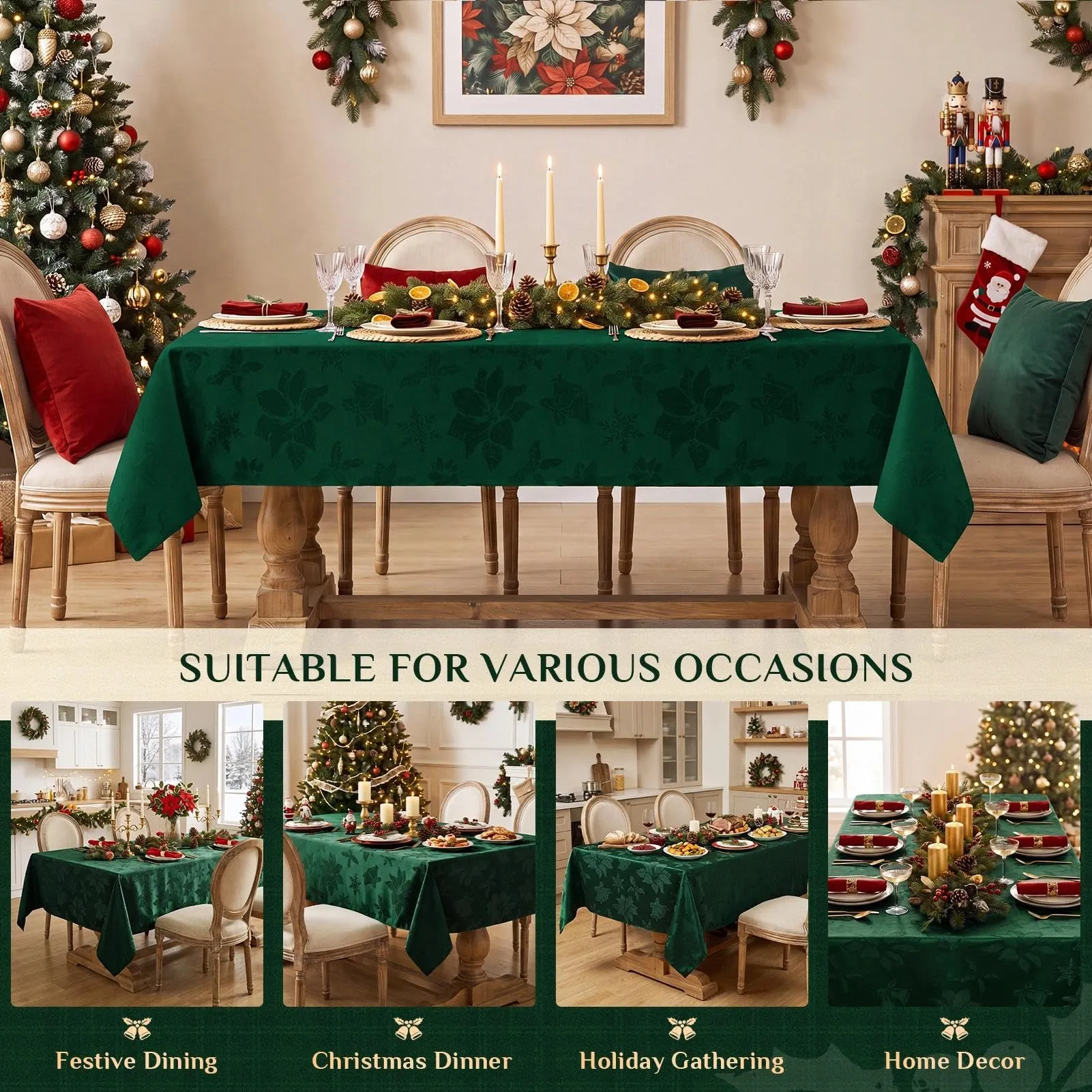 Softalker Tovaglia Rettangolare Natalizia in Tessuto Jacquard e Damascato, Poliestere Impermeabile, 152,4 x 304,8 cm, Verde - immagine 7