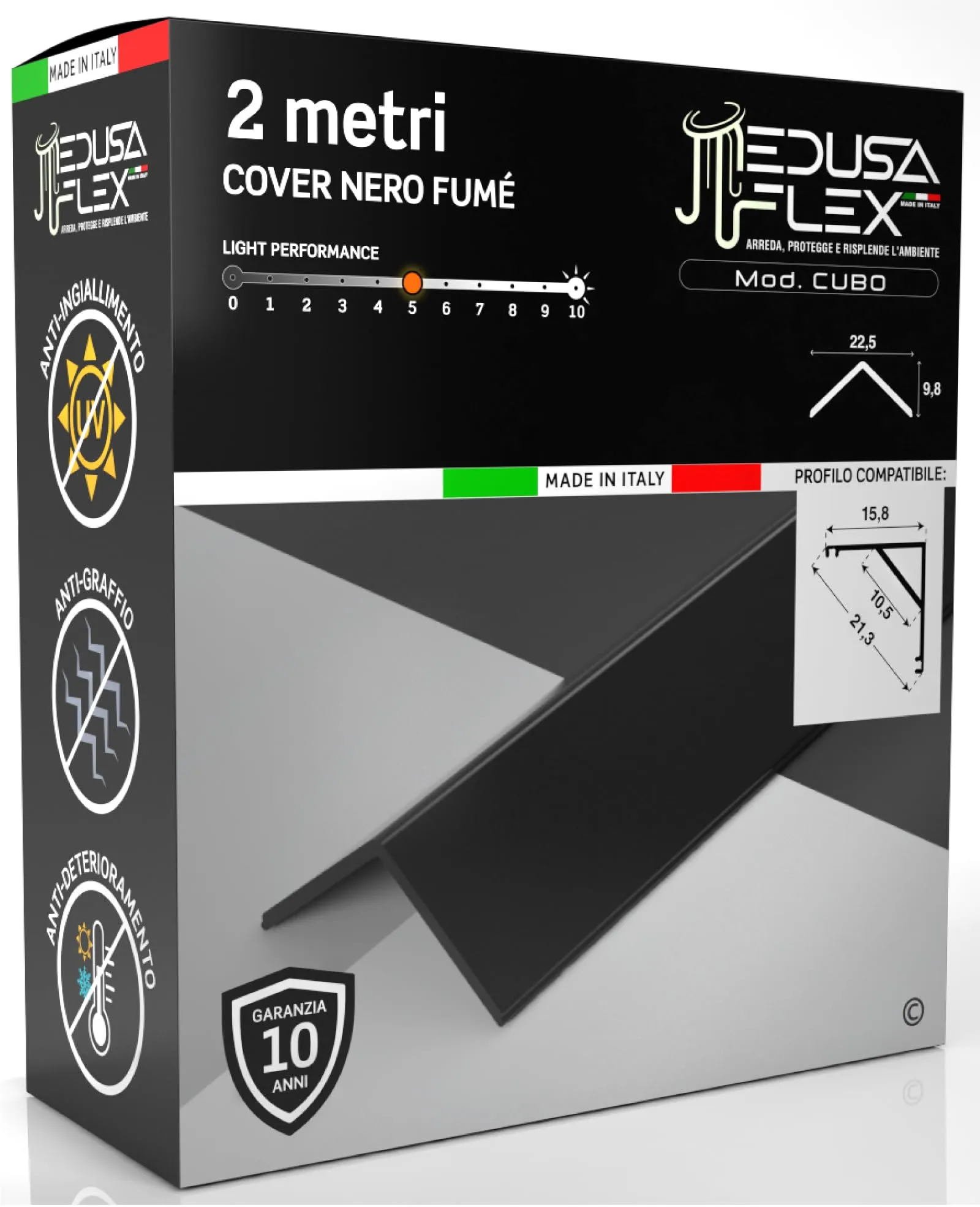 Eurocali Cover Angolare Profilo alluminio per Strisce LED Medusaflex mod. Cubo 2 Metri - Nera - immagine 1