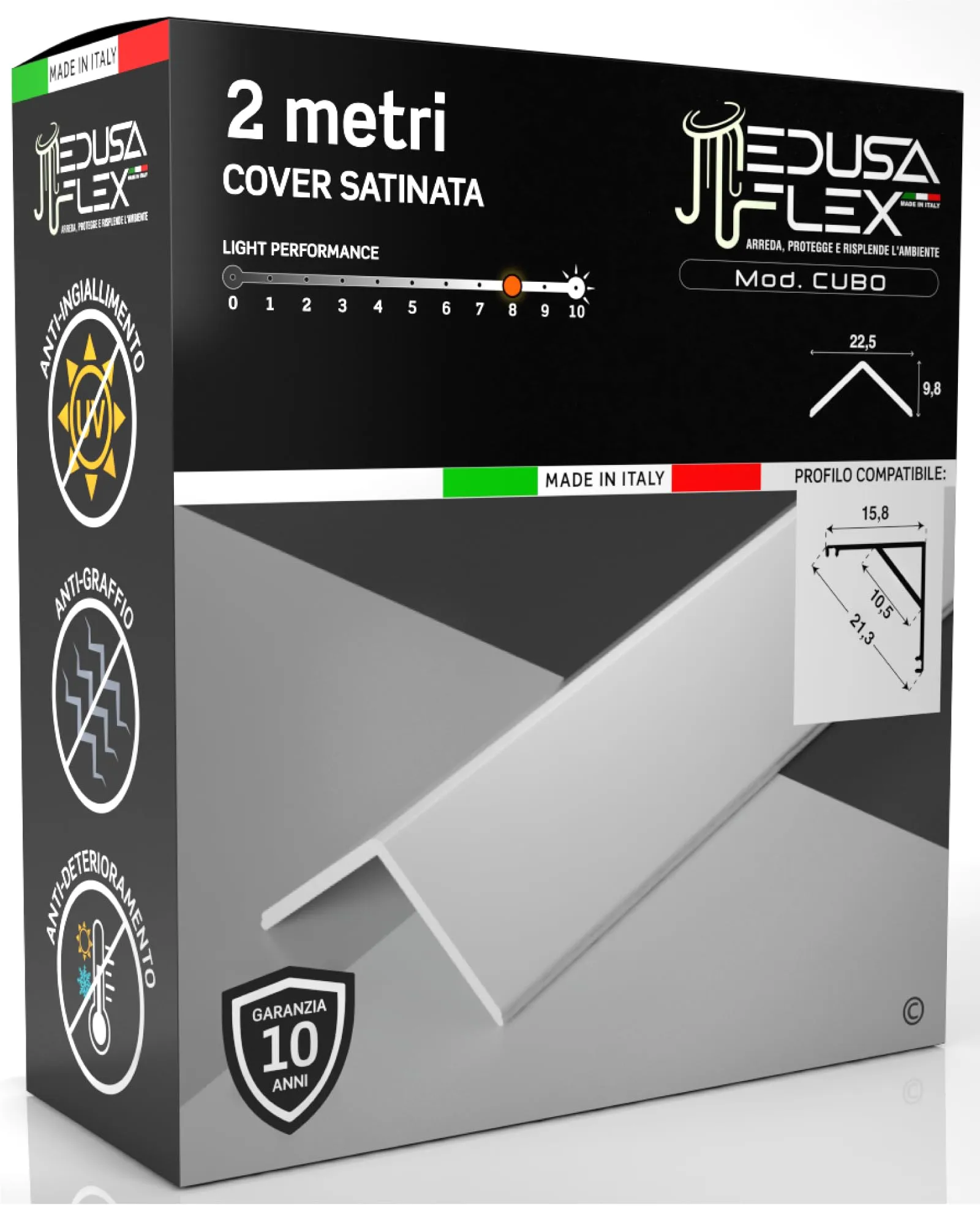 Eurocali Cover Angolare Profilo alluminio per Strisce LED MEDUSAFLEX mod. Cubo, 2 Metri, Satinata, Policarbonato stabilizzato UV UL94HB - immagine 1