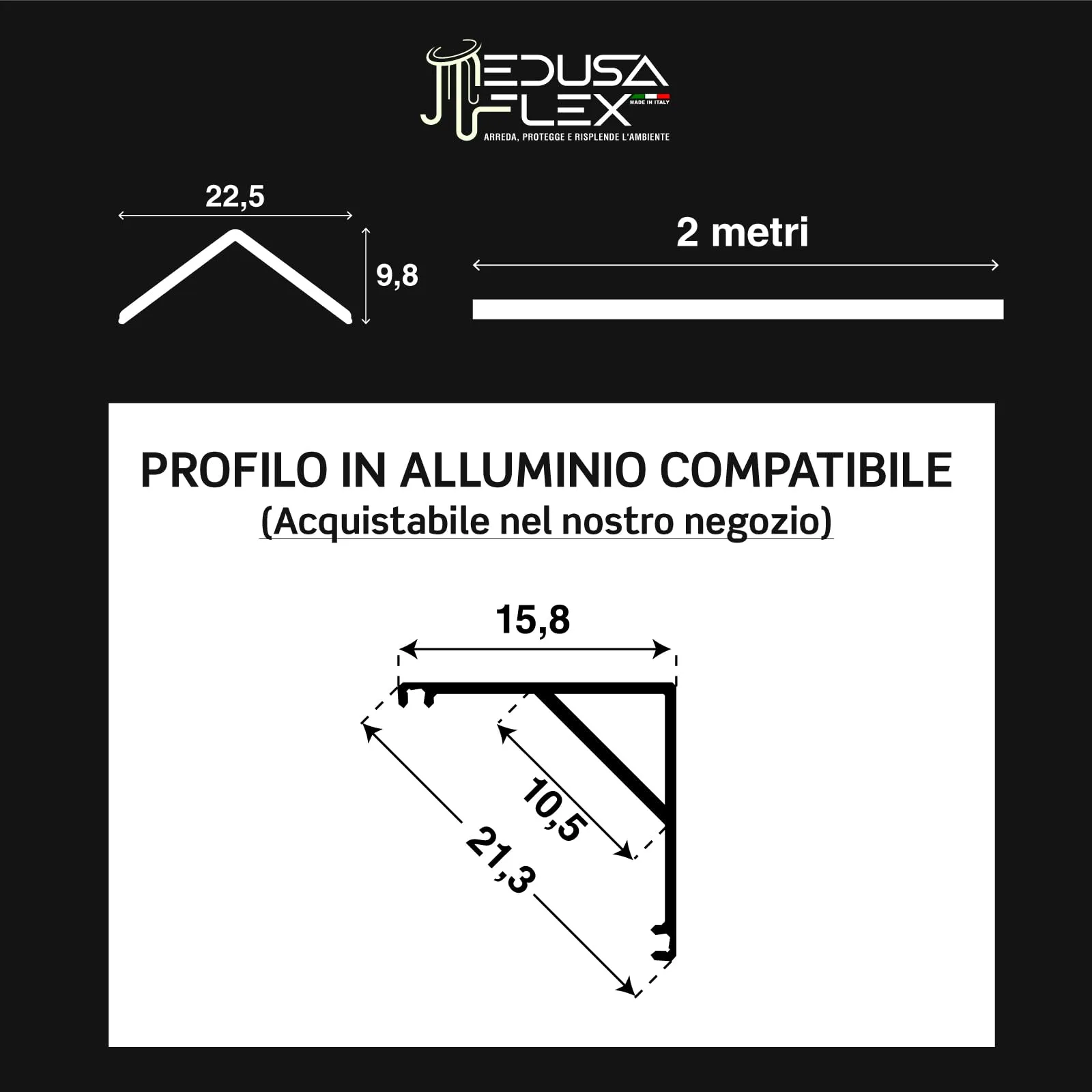Eurocali Cover Angolare Profilo alluminio per Strisce LED MEDUSAFLEX mod. Cubo, 2 Metri, Satinata, Policarbonato stabilizzato UV UL94HB - immagine 5