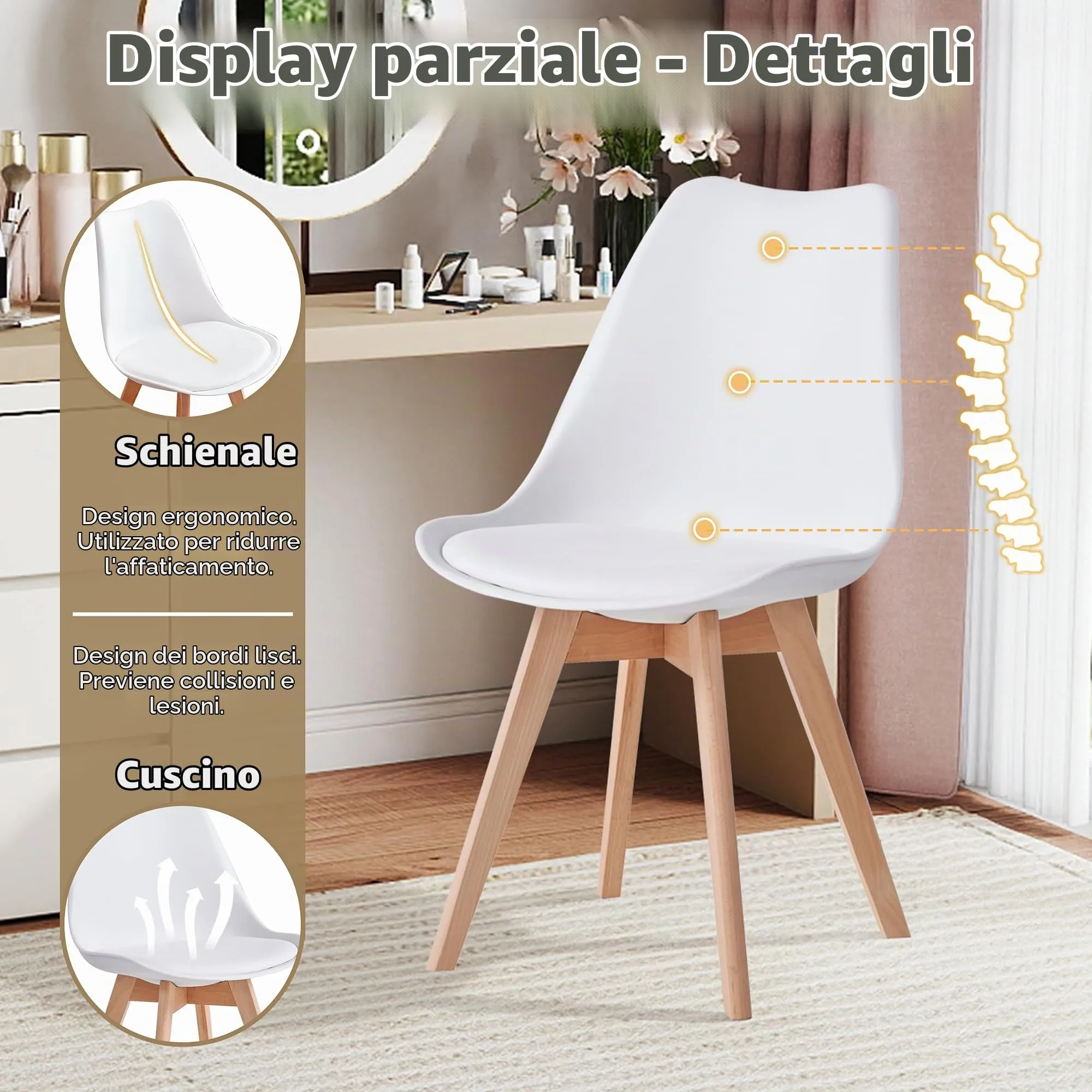 JZGORC Set di 4 Sedie da Pranzo e Cucina in Stile Nordico con Gambe in Faggio Massello - Bianco - immagine 4