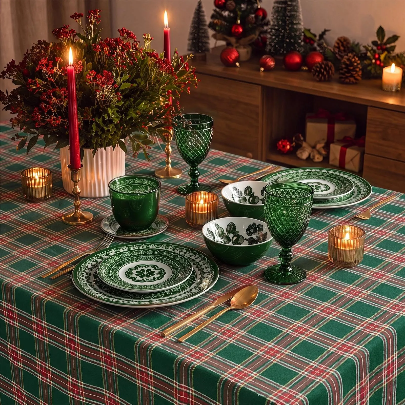 Softalker Tovaglia Natalizia Rettangolare a Scacchi in Lino e Cotone, Verde, 152 x 250 cm - immagine 3