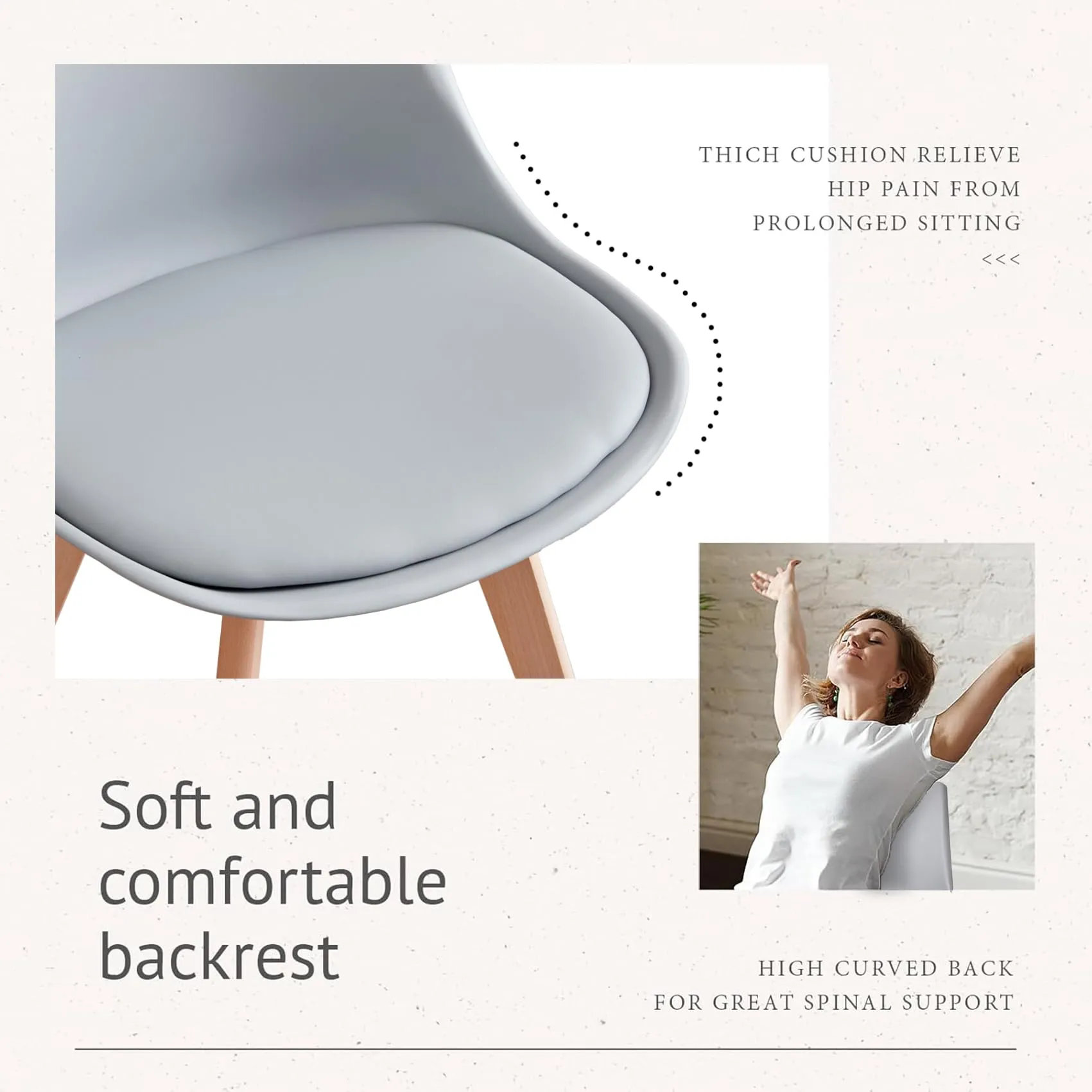 JZGORC Set di 6 Sedie da Sala da Pranzo e Cucina in Stile Nordico con Gambe in Faggio Massello, Grigio - immagine 4