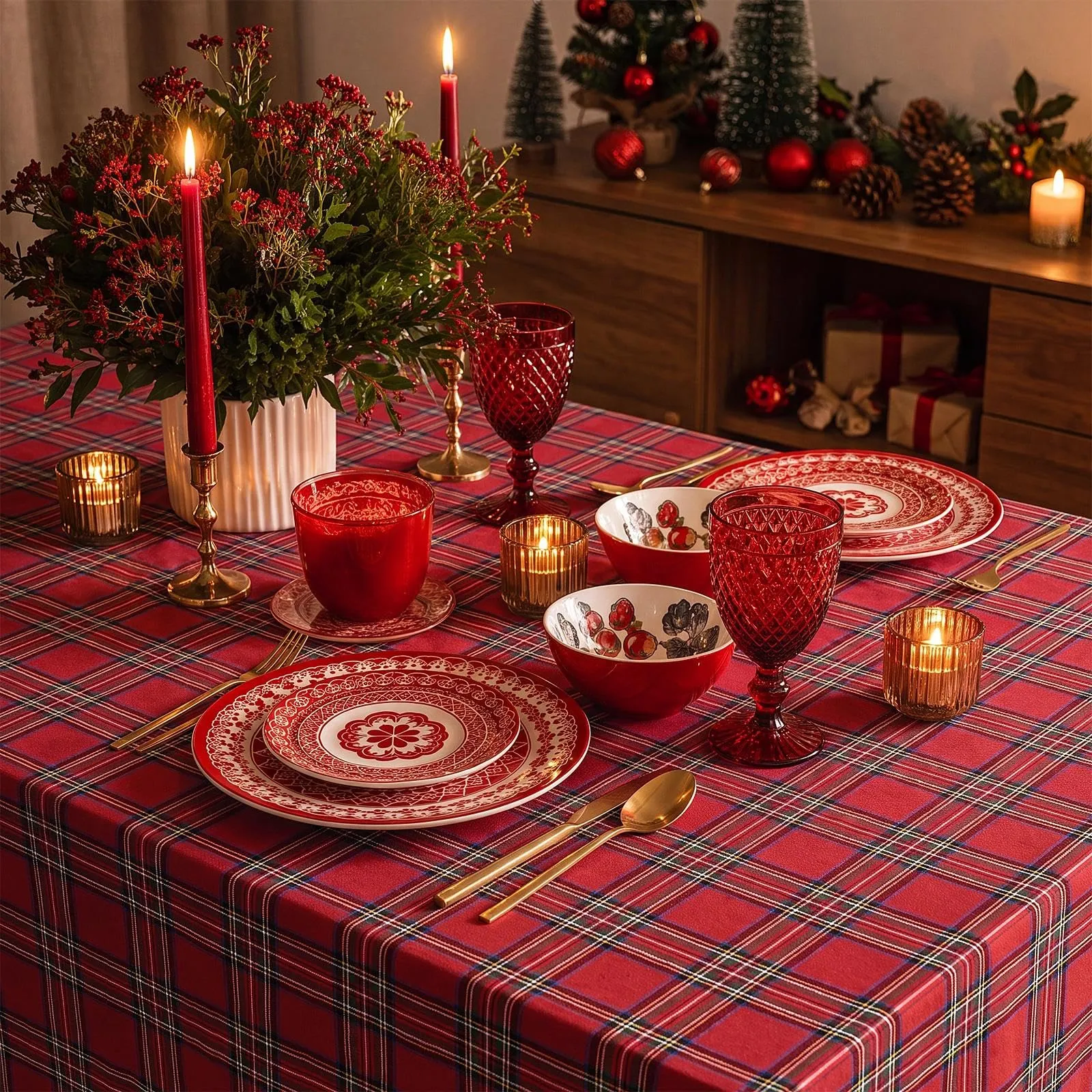 Softalker Tovaglia Natalizia a Quadri Tartan Scozzese Rosso, Lavabile e Antimacchia, 152 x 250 cm - immagine 3