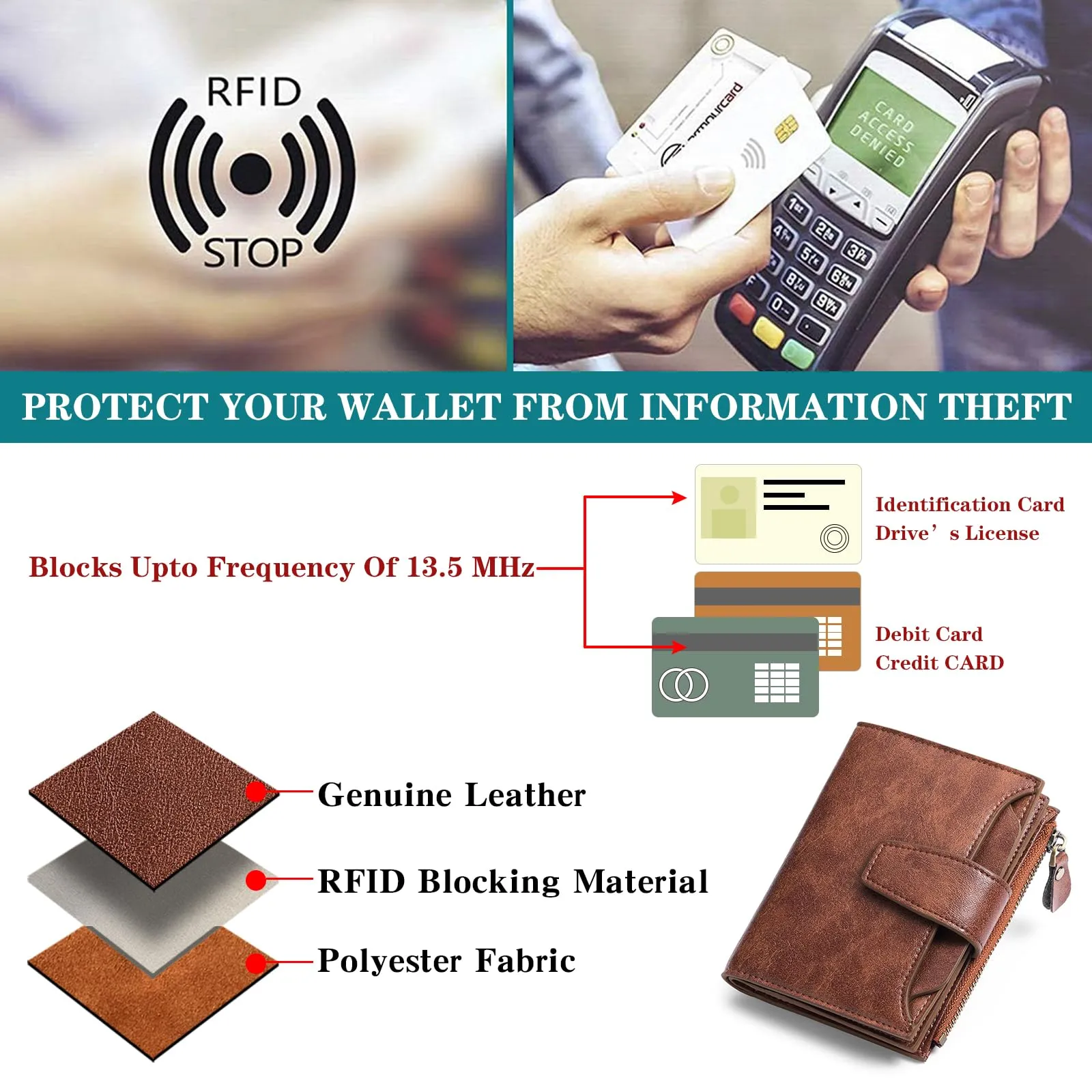SENDEFN Portafoglio Donna in Pelle Vera con RFID, 14 Slot Carte e Portamonete con Cerniera - immagine 6