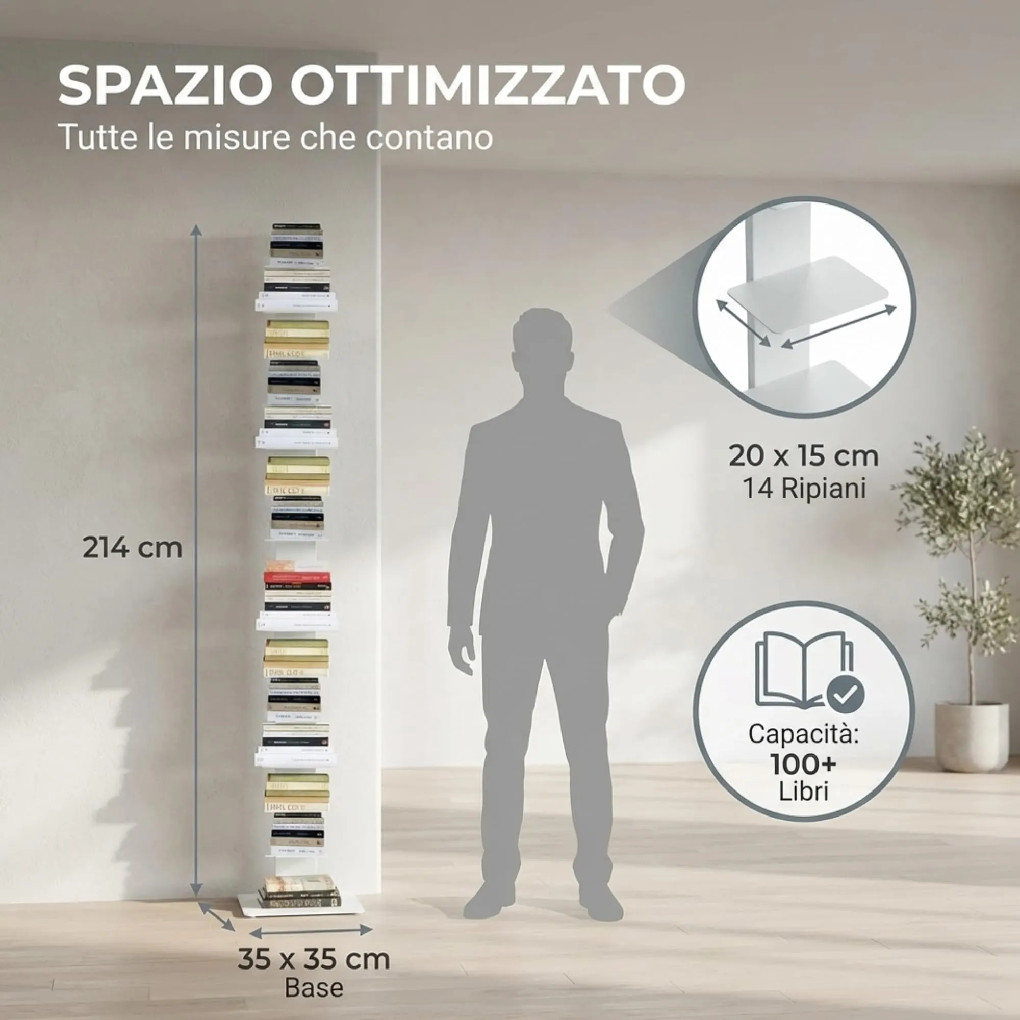 Flo.mar Libreria a Colonna Verticale con 14 Ripiani, 214 cm, Tortora - immagine 3