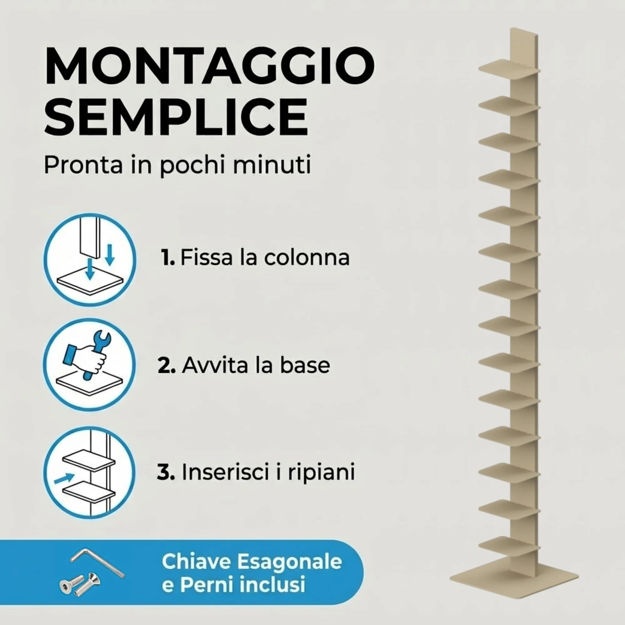 Flo.mar Libreria a Colonna Verticale con 14 Ripiani, 214 cm, Tortora - immagine 4