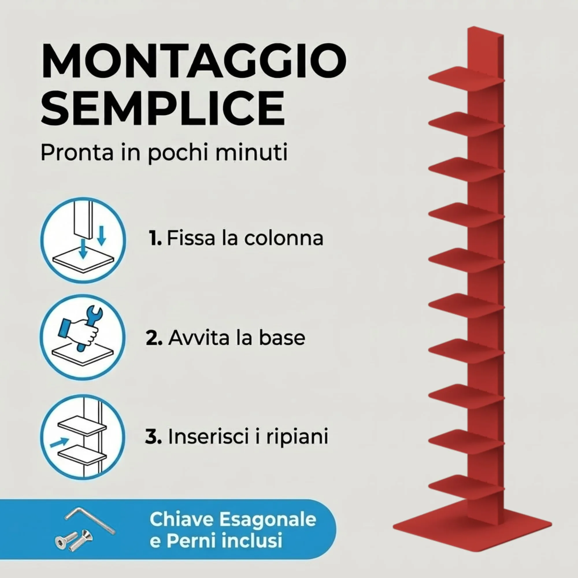Flo.mar Libreria a Colonna Verticale con 10 Ripiani, 153 cm - Rosso - immagine 4