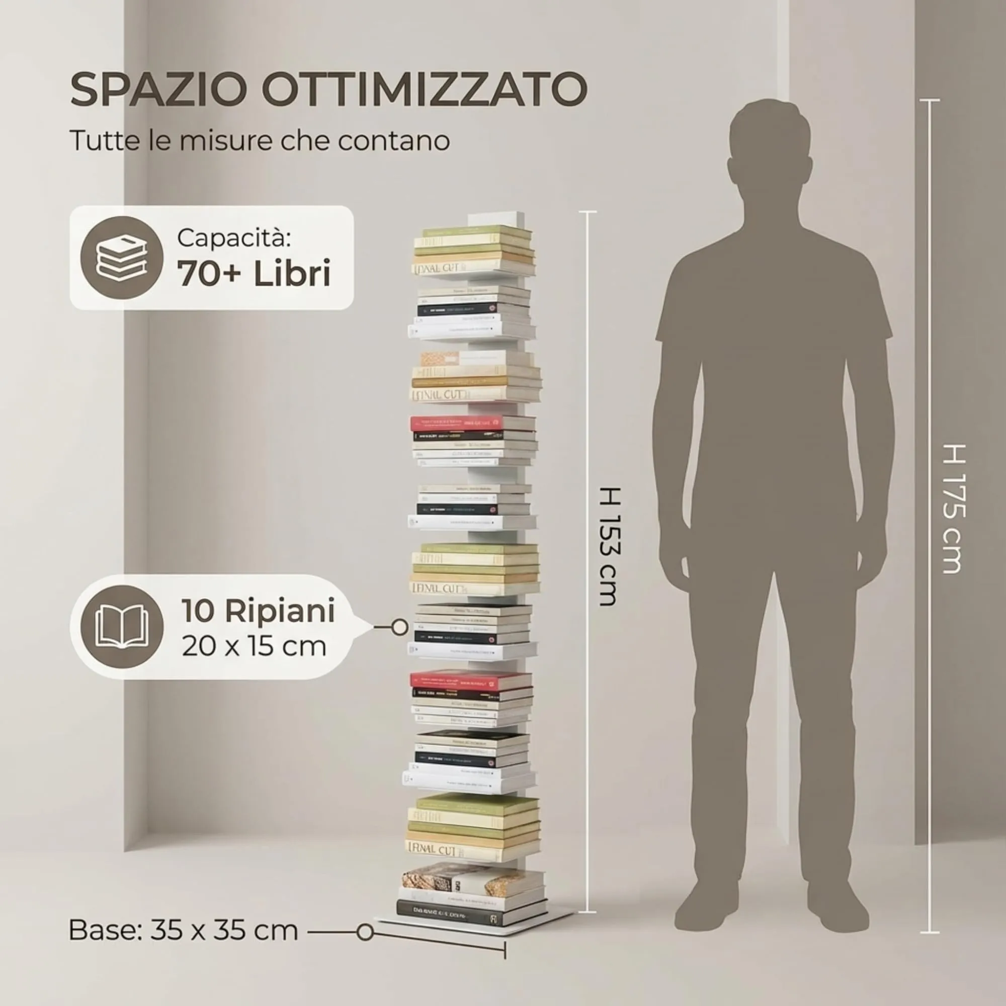 Flo.mar Libreria a Colonna Verticale con 14 Ripiani, 153 cm, Tortora - immagine 3