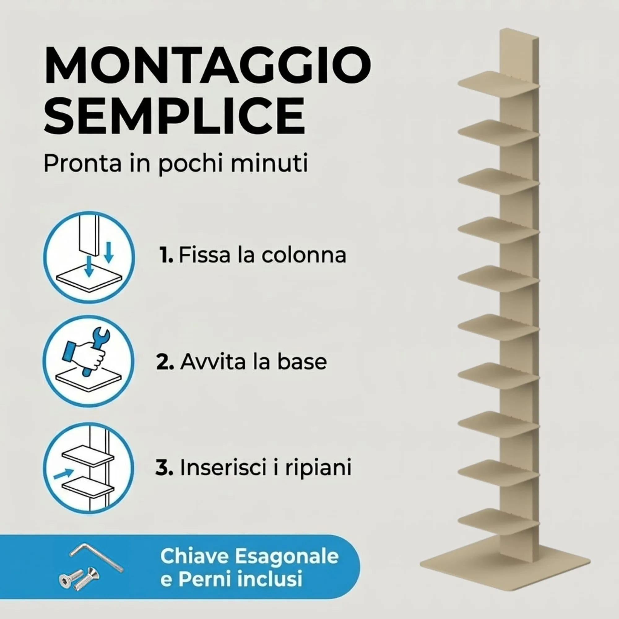 Flo.mar Libreria a Colonna Verticale con 14 Ripiani, 153 cm, Tortora - immagine 4