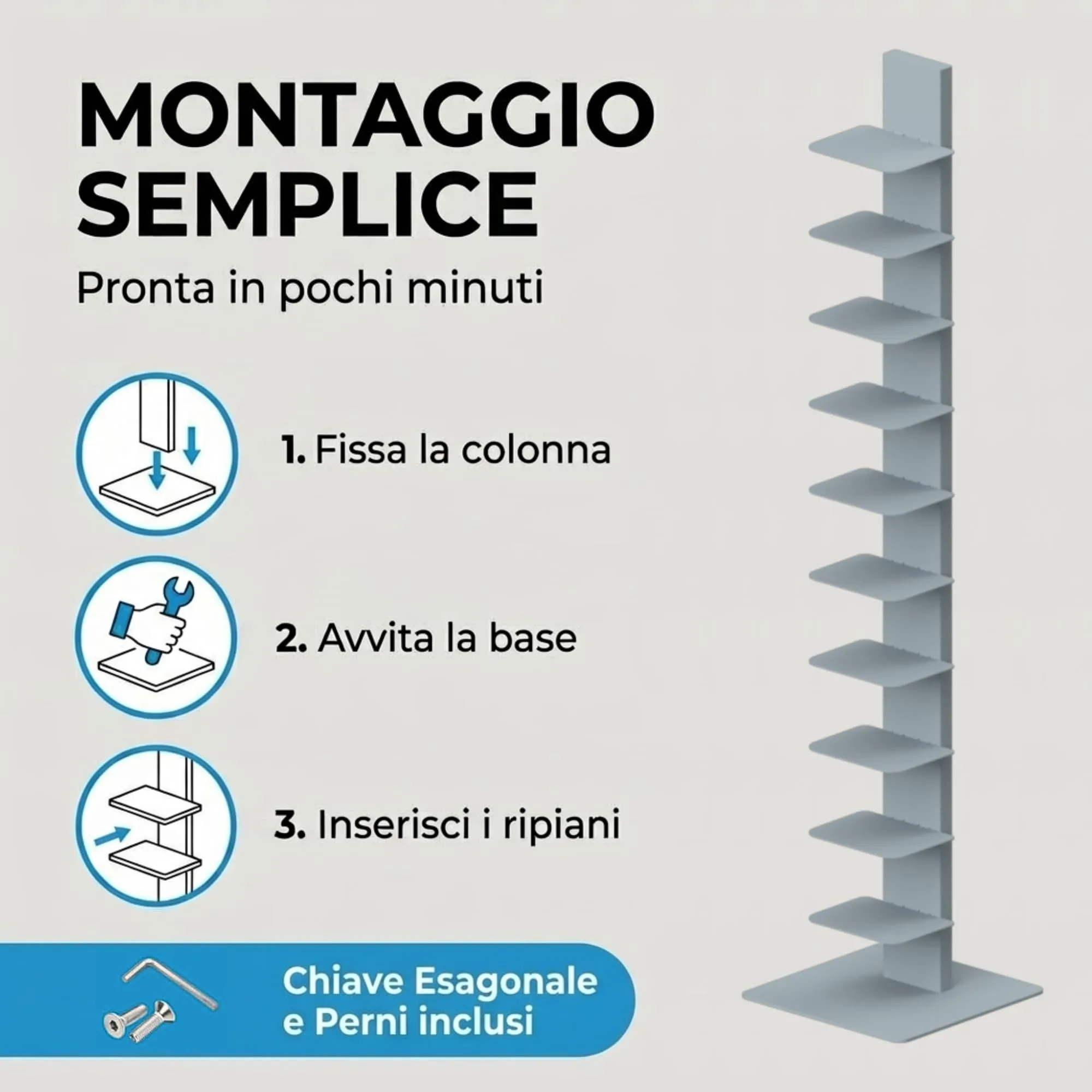 Flo.mar Libreria a Colonna Verticale con 14 Ripiani, 153 cm, Grigio - immagine 4