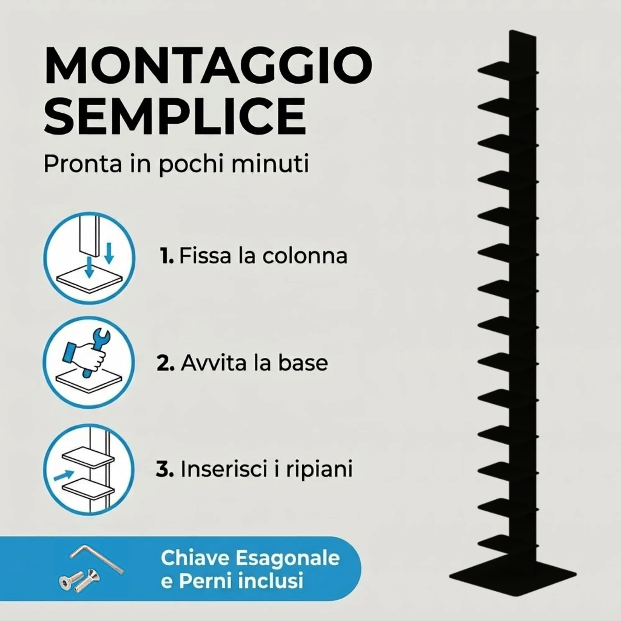 Flo.mar Libreria a Colonna Verticale con 14 Ripiani, 214 cm, Nero - immagine 4
