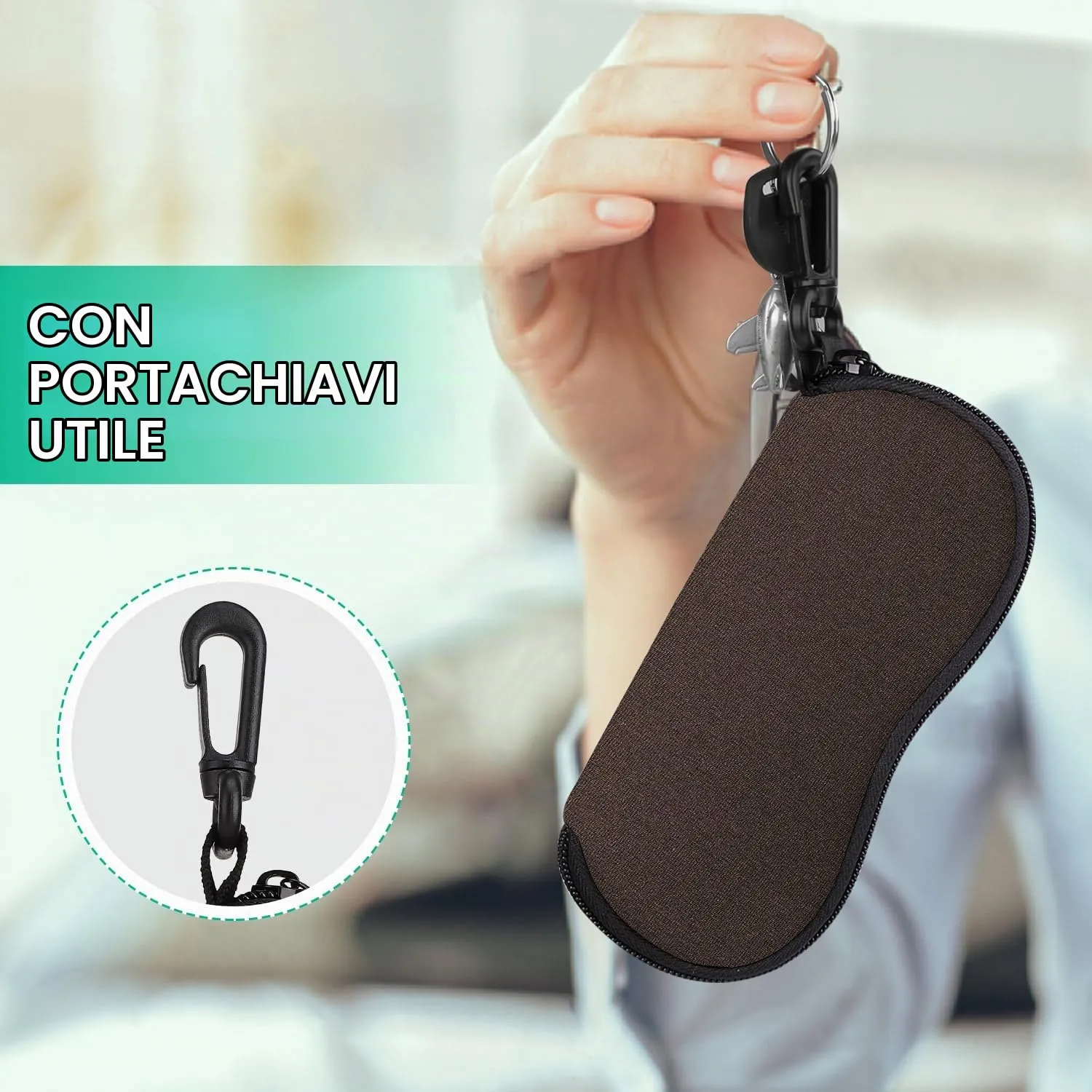 MoKo Astuccio per Occhiali in Neoprene con Clip da Cintura - Marrone - immagine 4