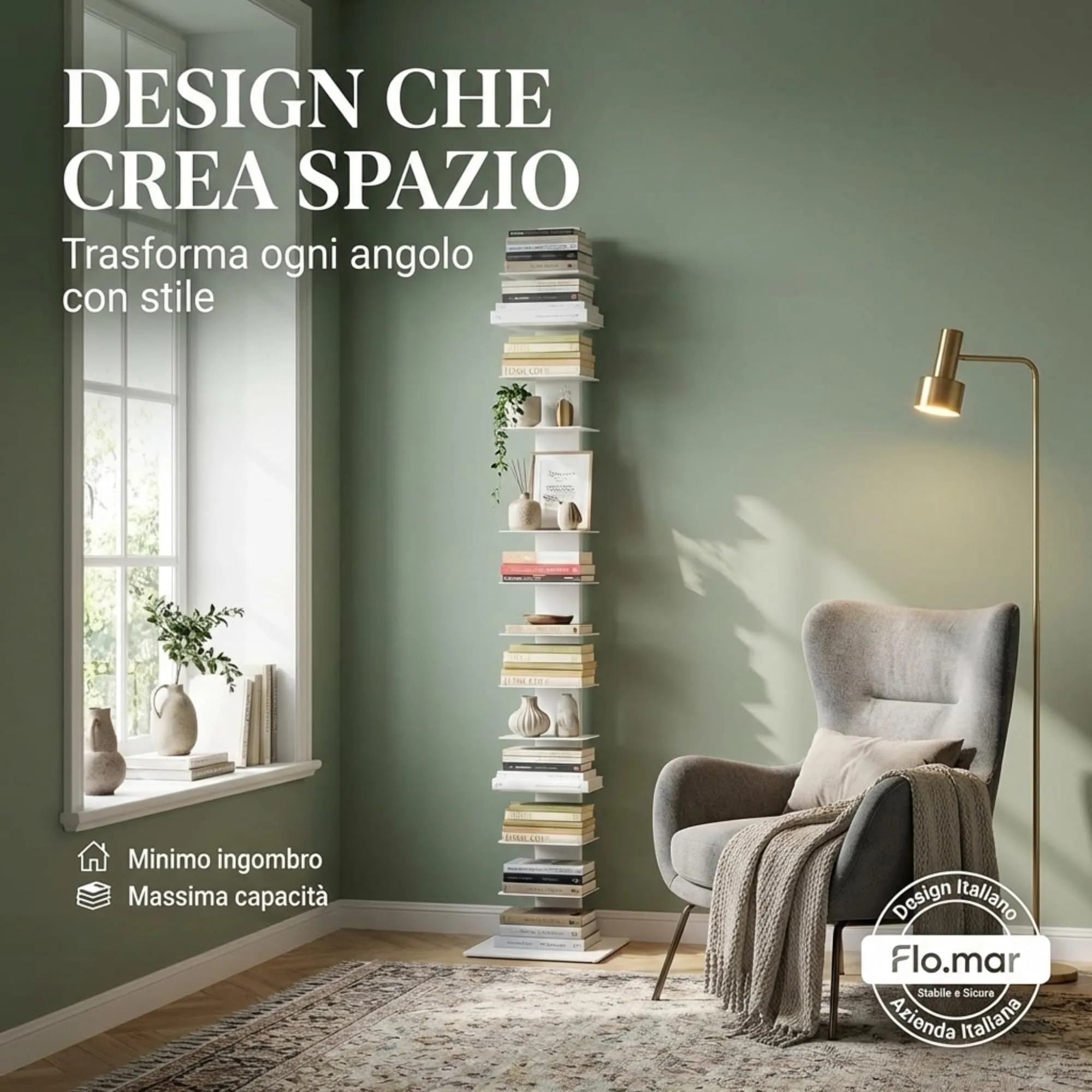 Flo.mar Libreria a Colonna Verticale con 14 Ripiani, 214 cm, Grigio - immagine 2