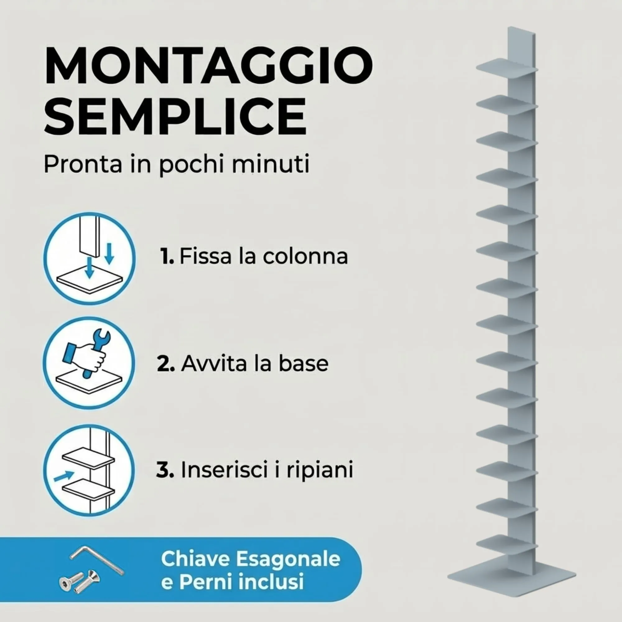 Flo.mar Libreria a Colonna Verticale con 14 Ripiani, 214 cm, Grigio - immagine 4