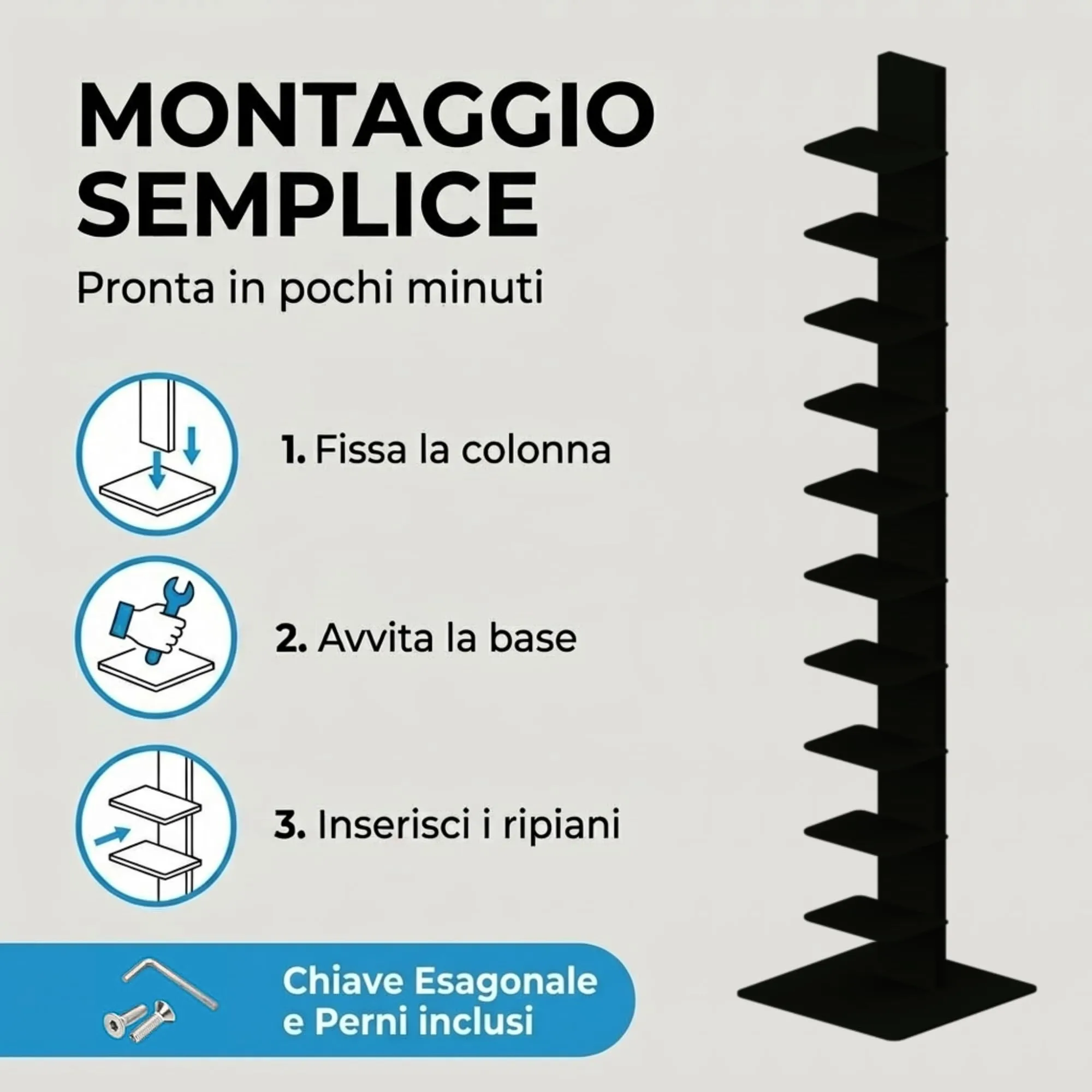 Flo.mar Libreria a Colonna Verticale con 14 Ripiani, 153 cm, Nero - immagine 4