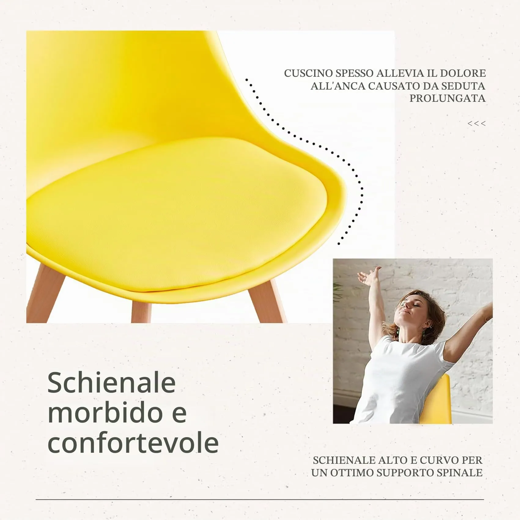 JZGORC Set di 4 Sedie da Pranzo Moderne con Cuscini Imbottiti e Gambe in Legno di Faggio, Giallo - immagine 3