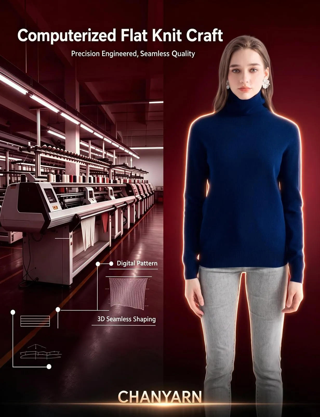 Chanyarn Maglione da Donna in 100% Lana Merino Collo Alto Senza Cuciture (Maple Leaf, M) - immagine 3