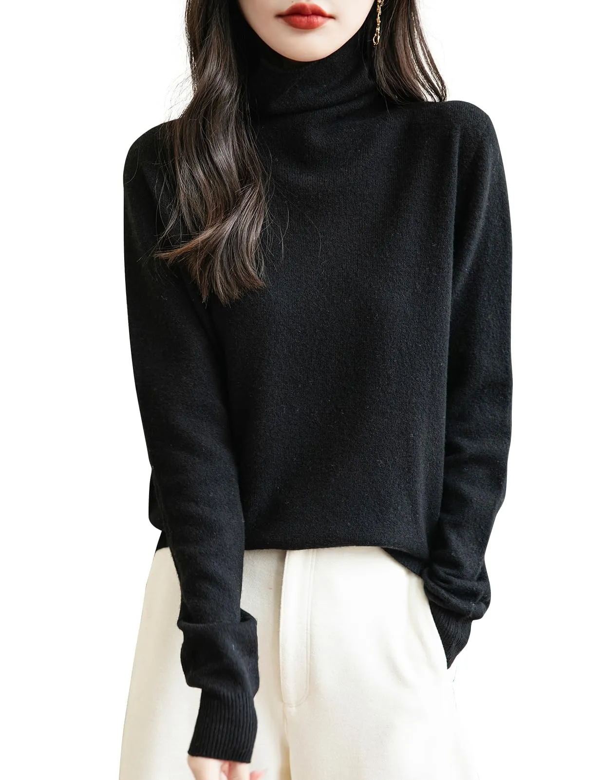 Chanyarn Maglione da Donna in 100% Lana Merino Collo Alto Senza Cuciture, Nero, XL - immagine 1