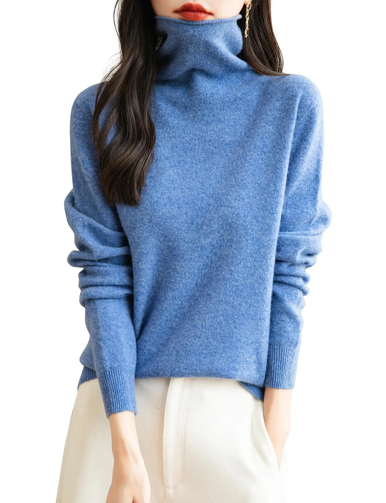 Chanyarn Maglione da Donna in 100% Lana Merino, Collo Alto, Senza Cuciture, Star Blue, XL - immagine 1