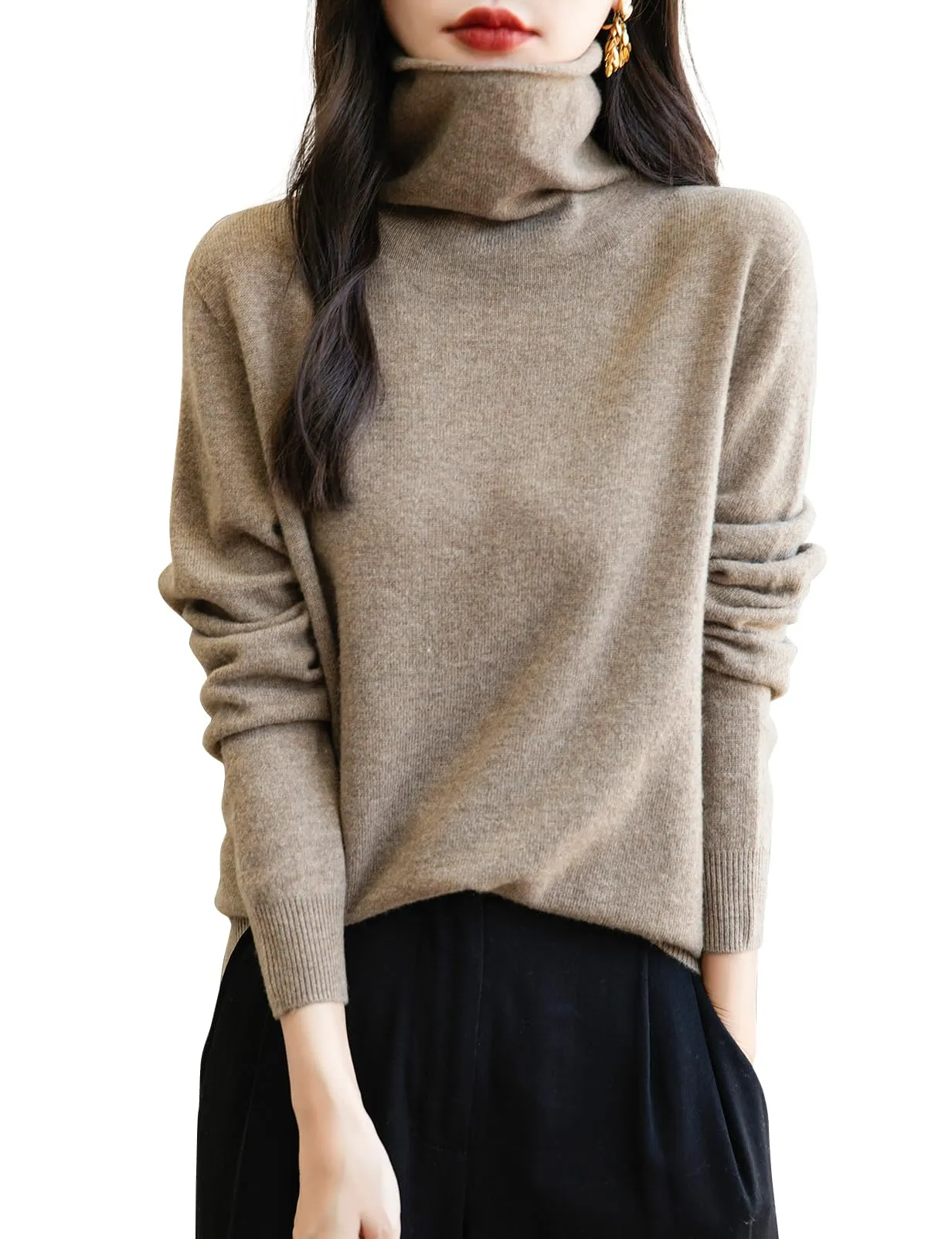 Chanyarn Maglione da Donna in 100% Lana Merino Collo Alto Senza Cuciture (Tan, S) - immagine 1