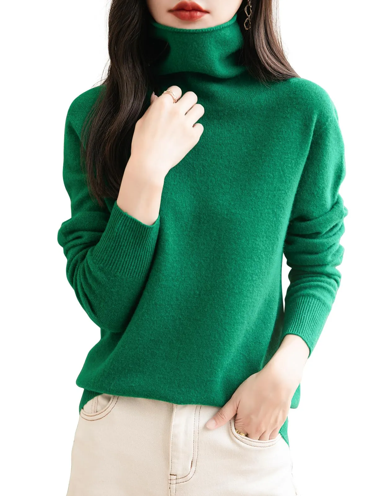 Chanyarn Maglione da Donna in Lana Merino Senza Cuciture Collo Alto (Green, M) - immagine 1