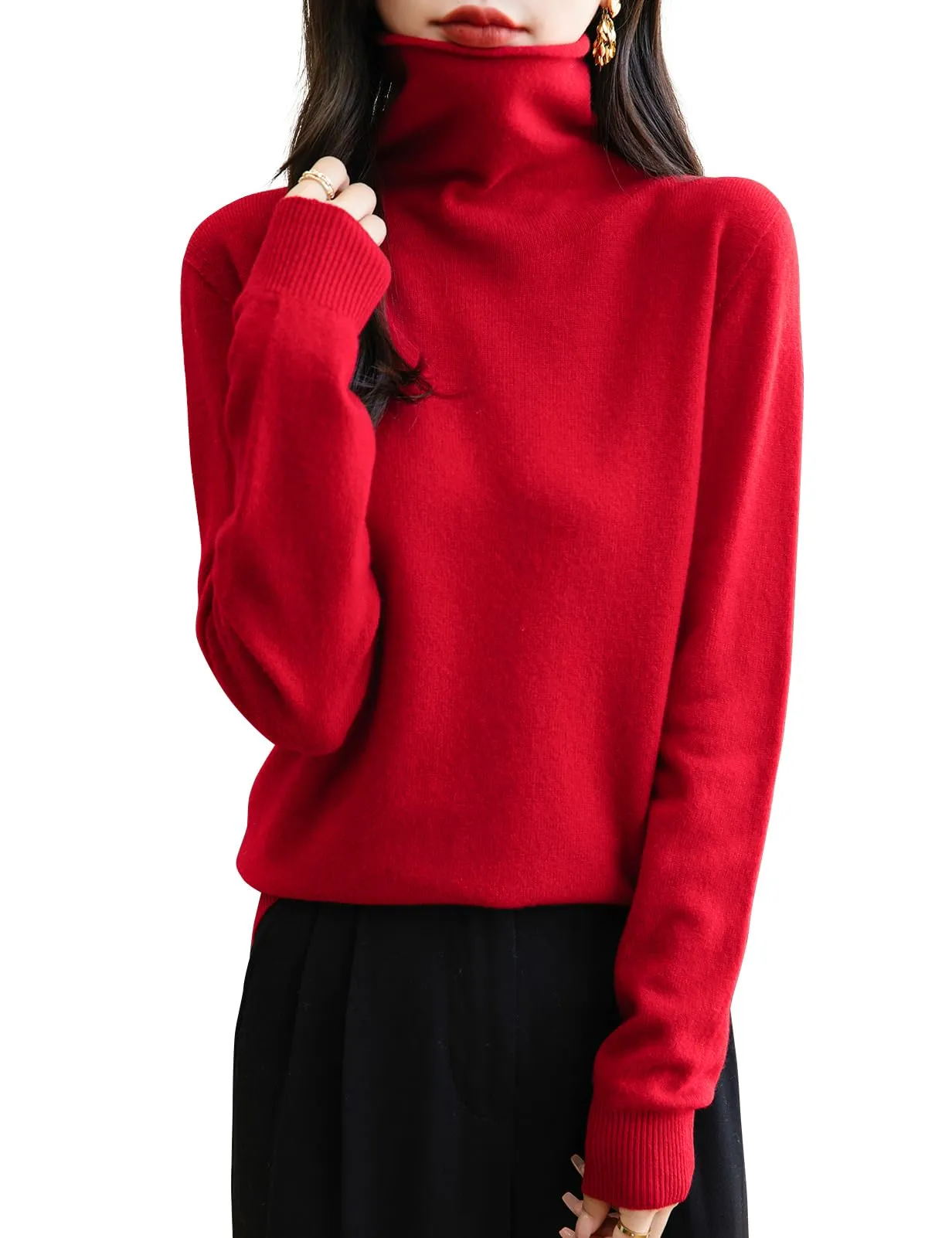 Chanyarn Maglione da Donna in 100% Lana Merino, Collo Alto Senza Cuciture, Rosso, M - immagine 1