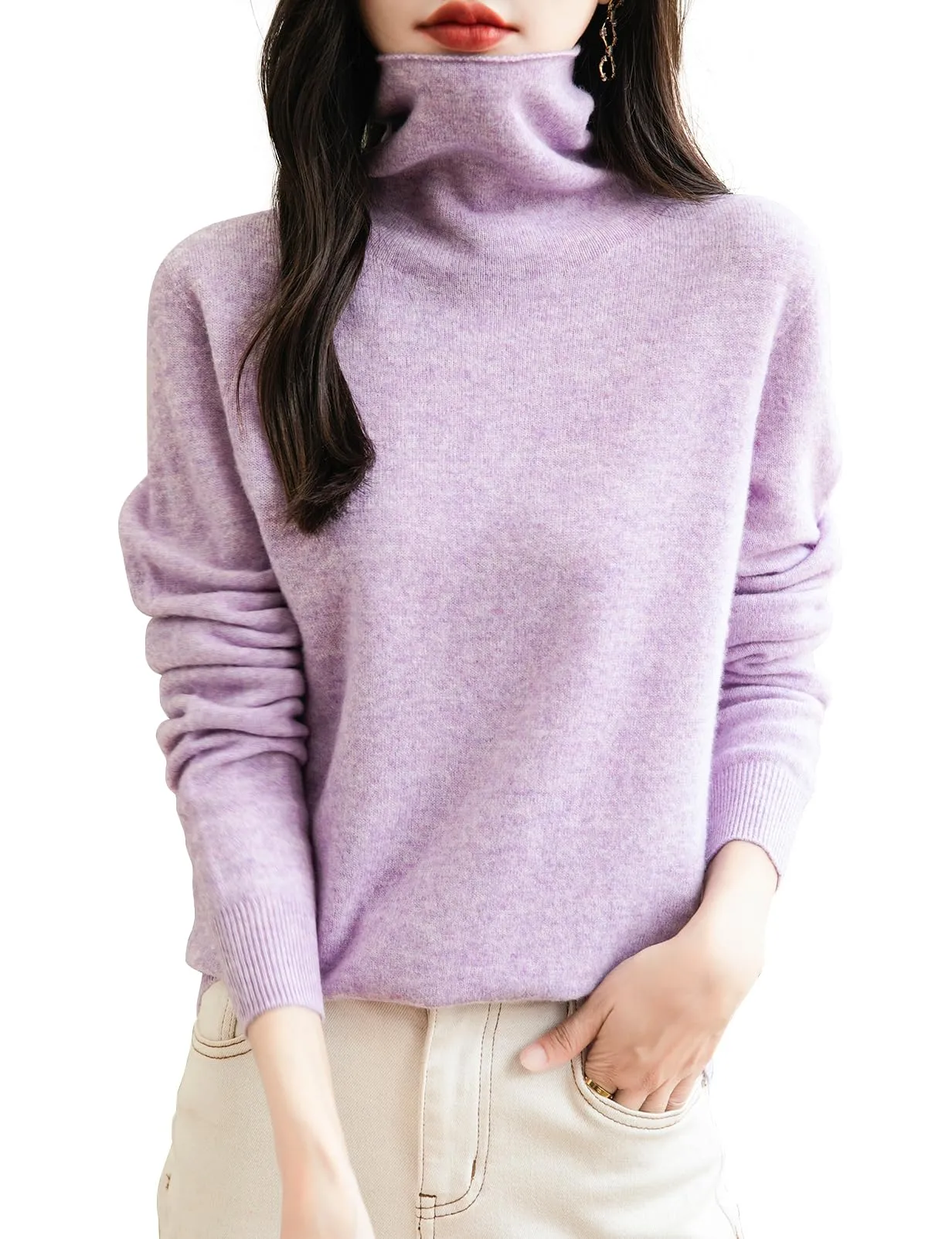 Chanyarn Maglione da Donna in 100% Lana Merino, Collo Alto, Senza Cuciture, Light Purple, XL - immagine 1