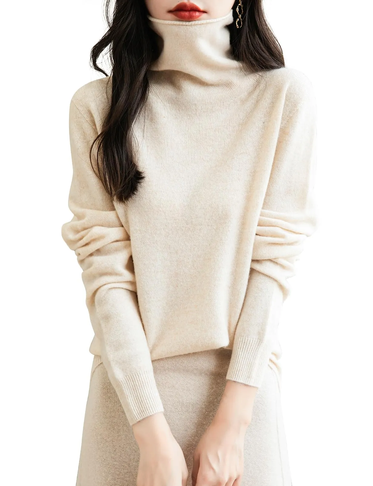 Chanyarn Maglione Donna in 100% Lana Merino Collo Alto Senza Cuciture, Beige, L - immagine 1