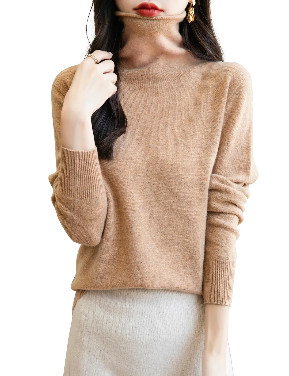 Chanyarn Maglione Donna in Lana Merino 100% Collo Alto Senza Cuciture (Khaki, S) - immagine 1