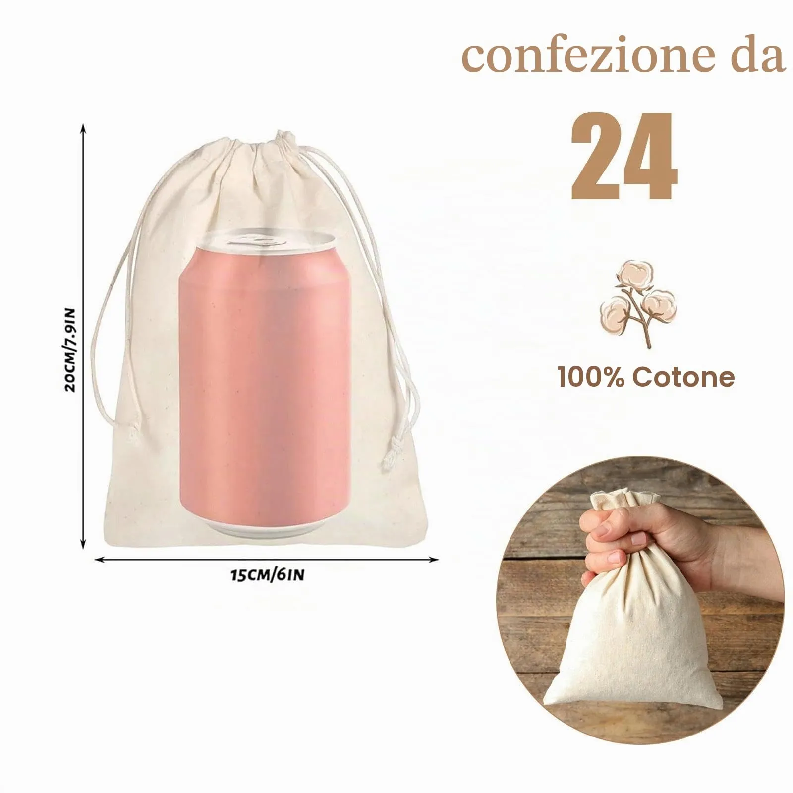 Leylve sacchetti in tessuto con coulisse in cotone, 15 x 20 cm, 24 pezzi - immagine 2