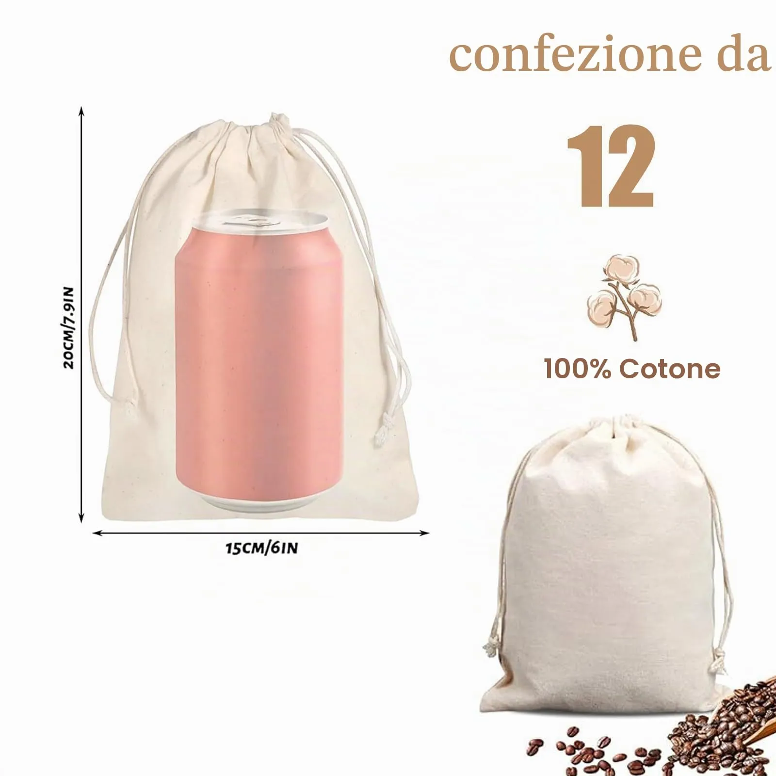Leylve Sacchetti di Cotone con Coulisse, 15 x 20 cm, 12 Pezzi - immagine 2