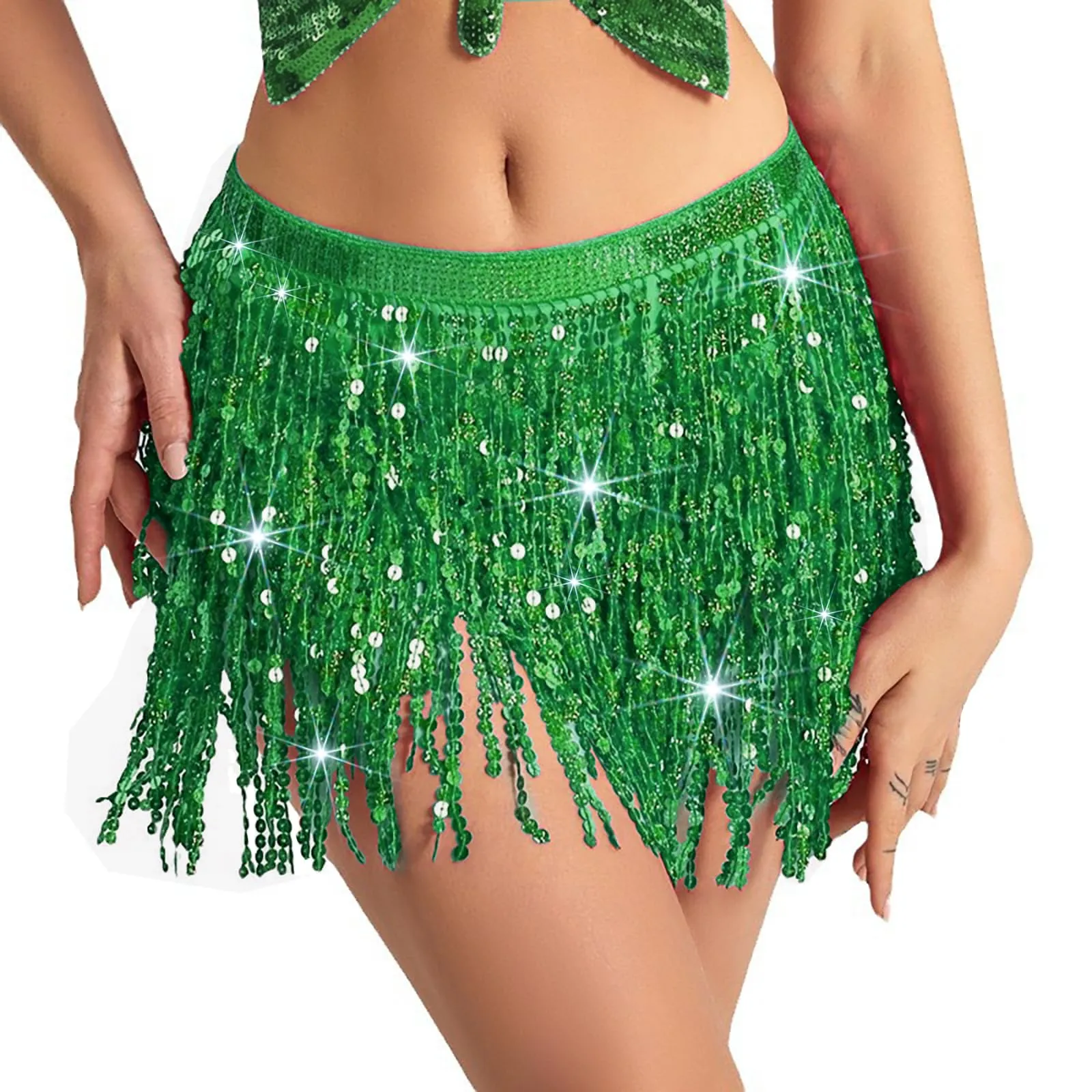 Baisdan Gonna con Paillettes e Nappe per Danza del Ventre, Verde Scuro - immagine 1