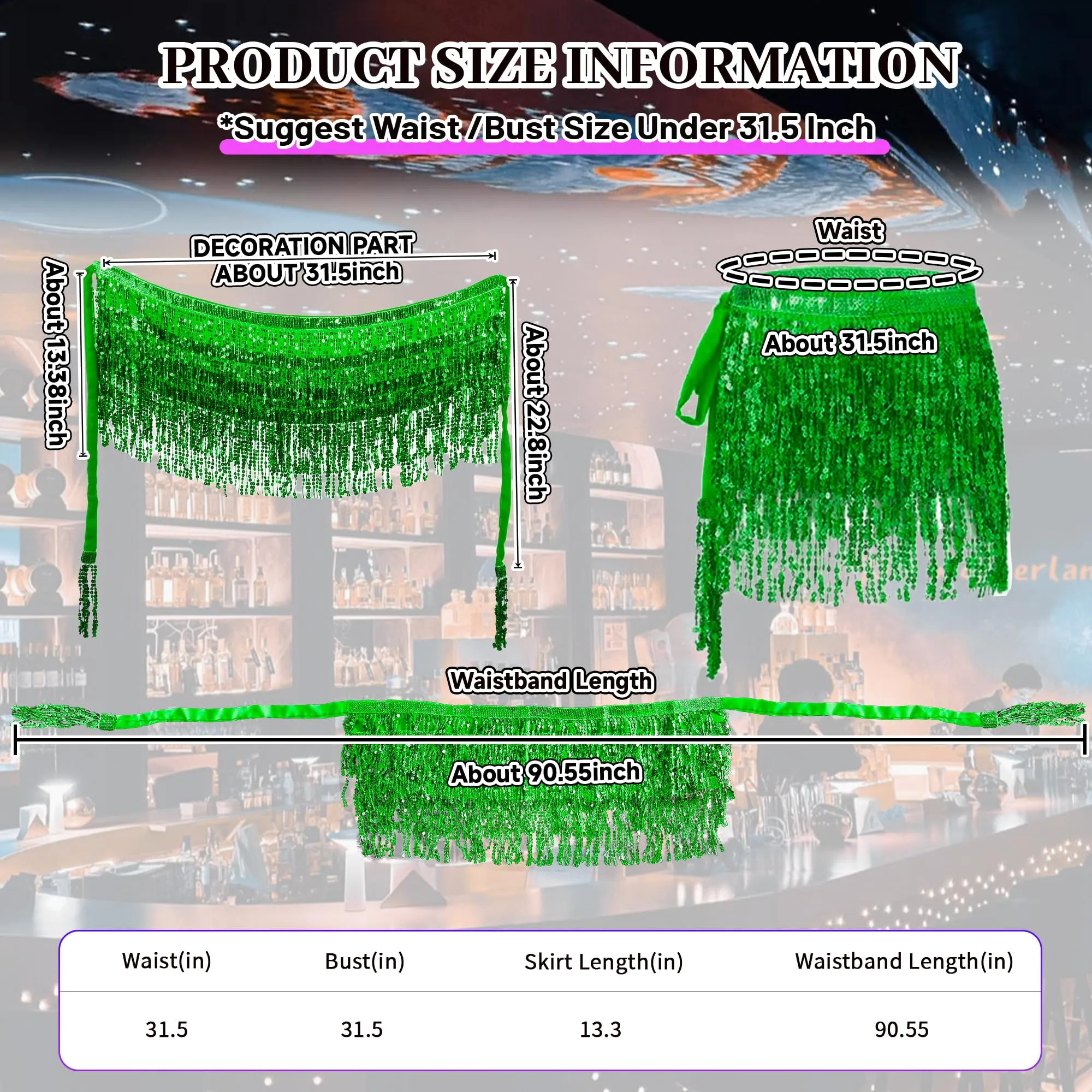 Baisdan Gonna con Paillettes e Nappe per Danza del Ventre, Verde Scuro - immagine 3
