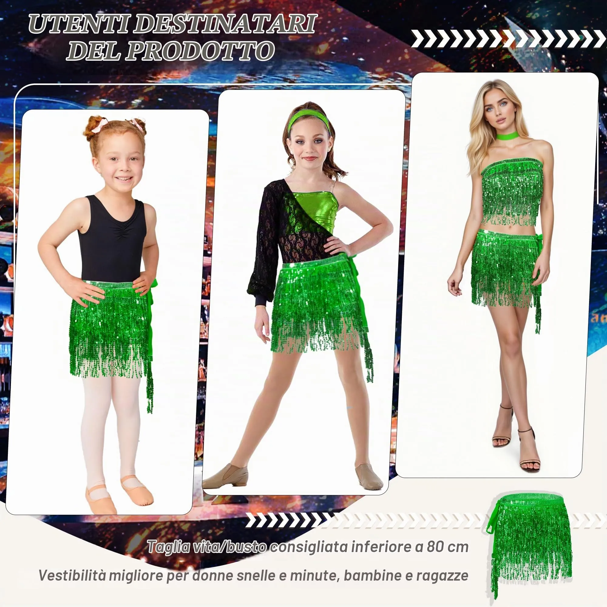 Baisdan Gonna con Paillettes e Nappe per Danza del Ventre, Verde Scuro - immagine 5