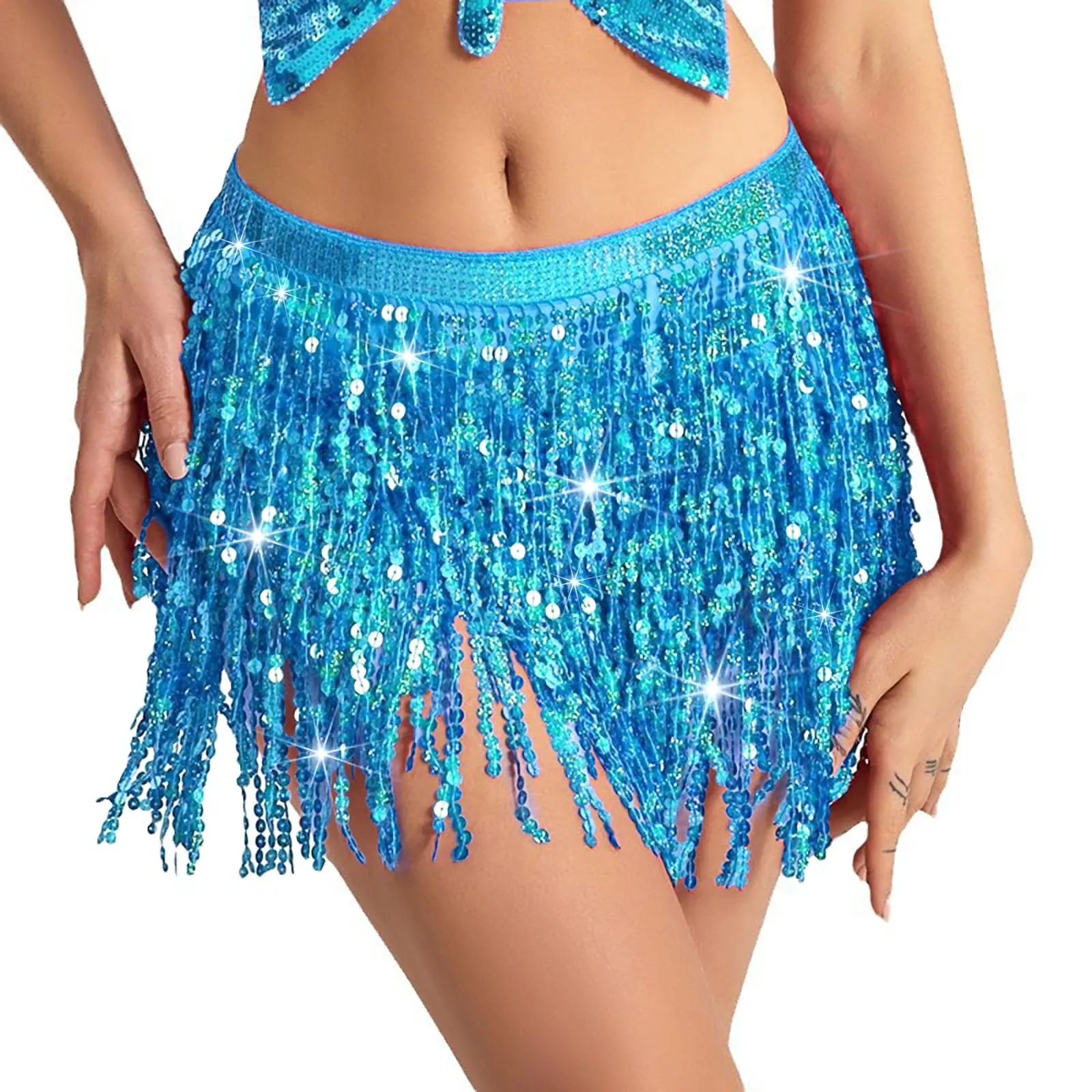 Baisdan Gonna con Paillettes e Nappe per Danza del Ventre, Azzurro - immagine 1