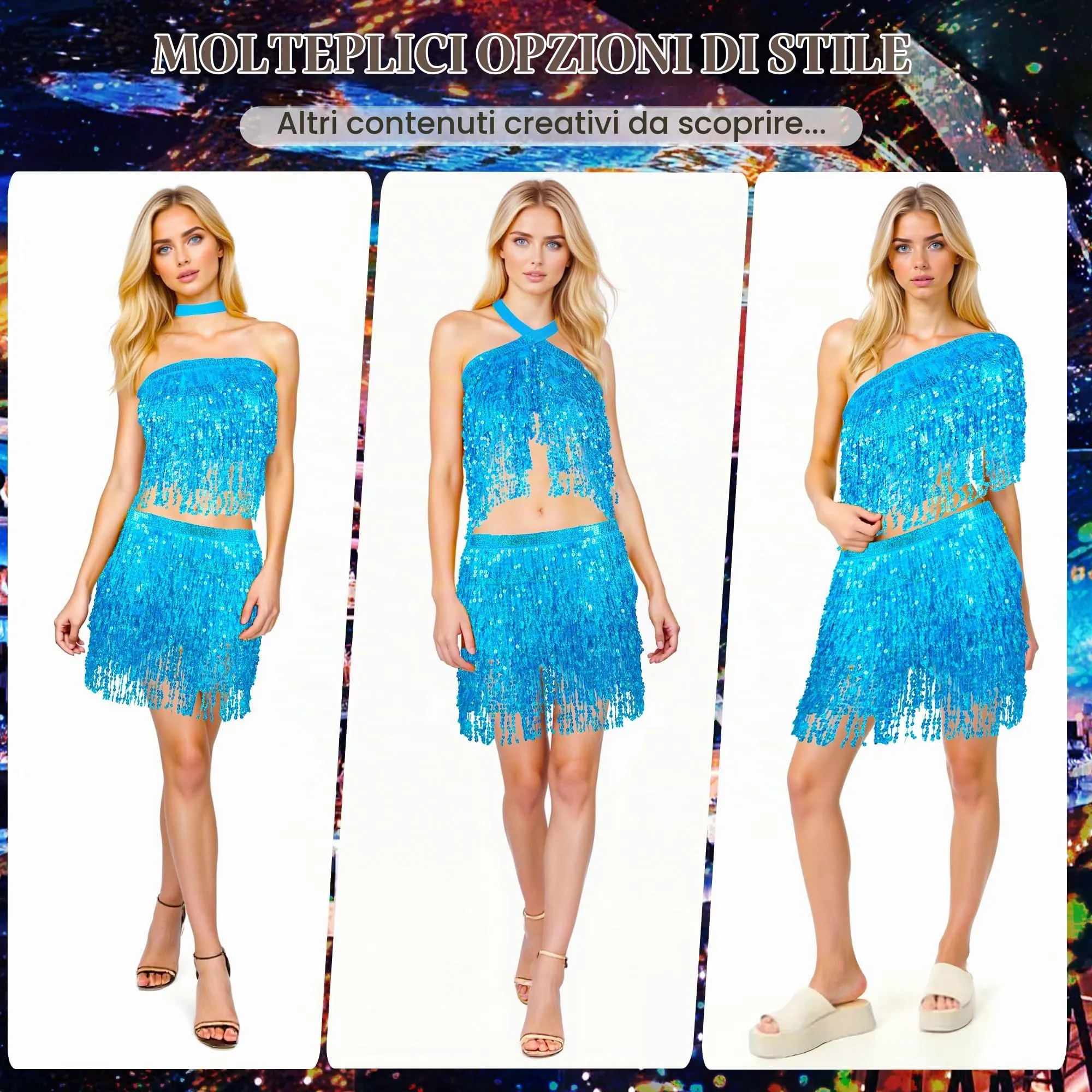 Baisdan Gonna con Paillettes e Nappe per Danza del Ventre, Azzurro - immagine 2