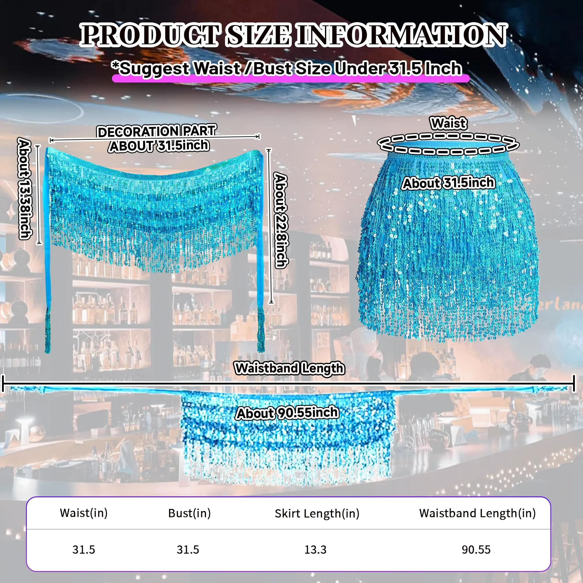 Baisdan Gonna con Paillettes e Nappe per Danza del Ventre, Azzurro - immagine 3
