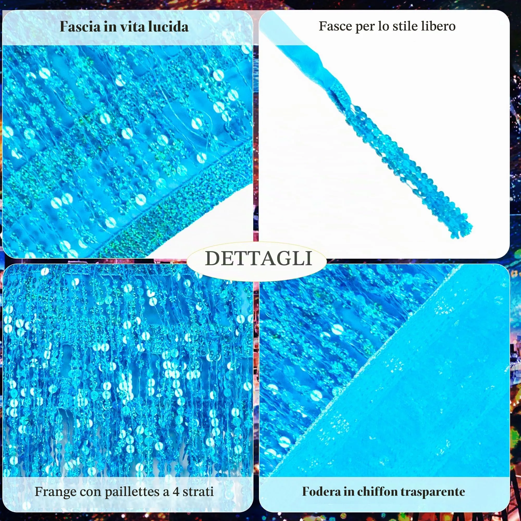 Baisdan Gonna con Paillettes e Nappe per Danza del Ventre, Azzurro - immagine 4