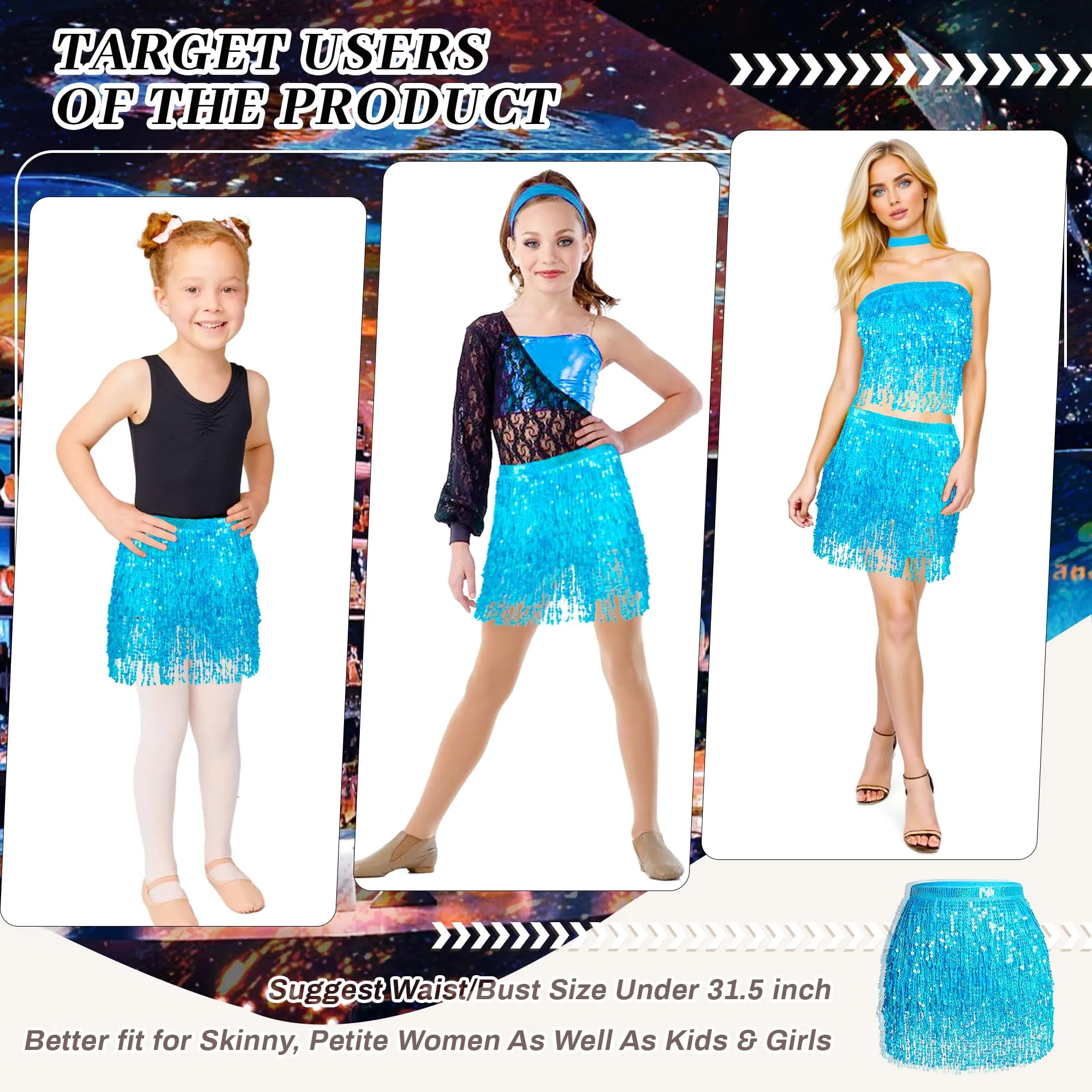 Baisdan Gonna con Paillettes e Nappe per Danza del Ventre, Azzurro - immagine 5