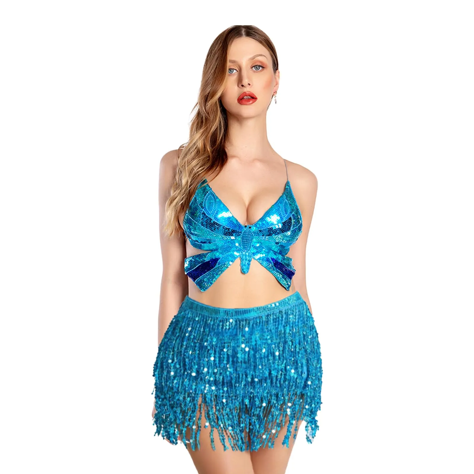 Baisdan Gonna con Paillettes e Nappe per Danza del Ventre, Azzurro - immagine 6