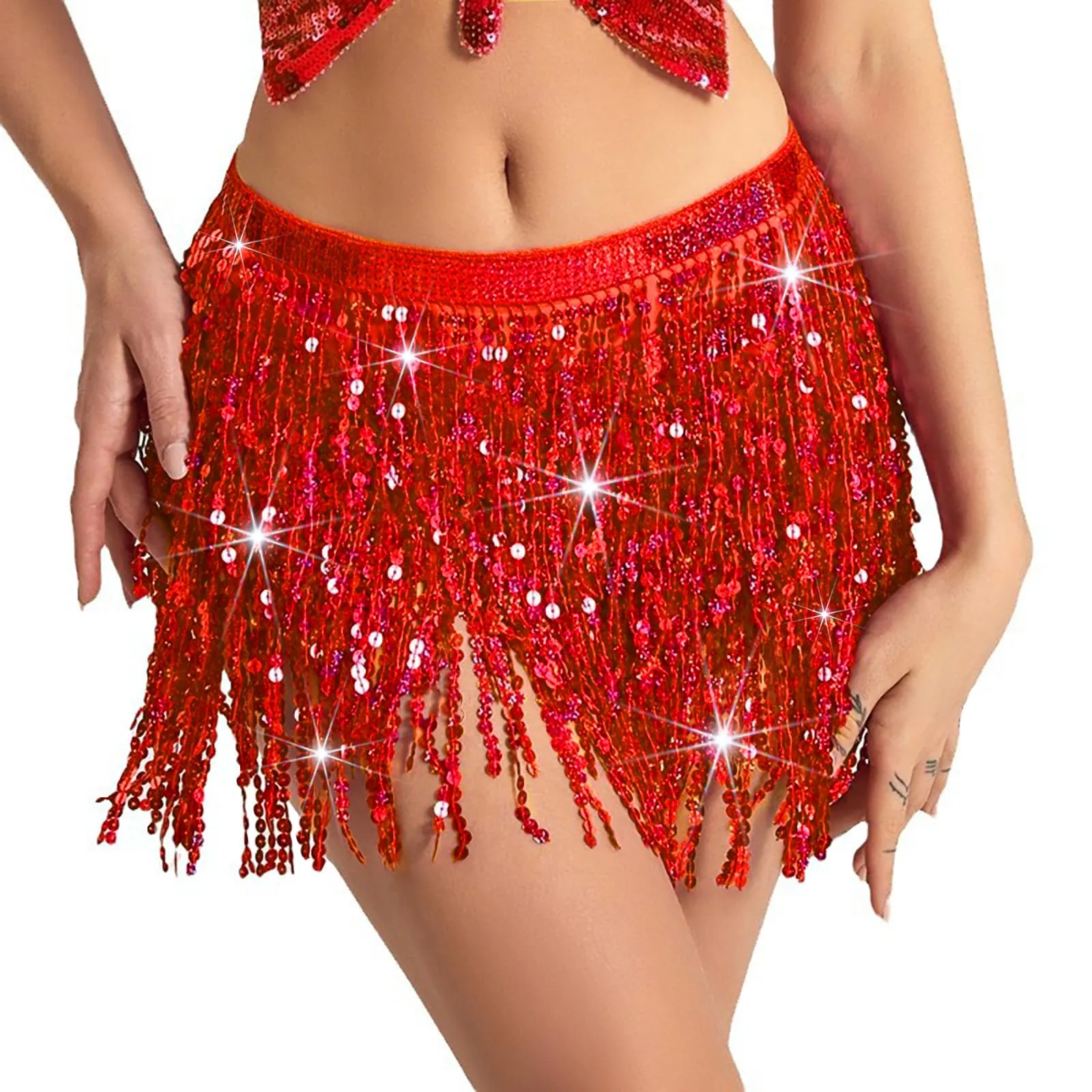Baisdan Gonna con Paillettes e Nappe per Danza del Ventre, Rosso - immagine 1