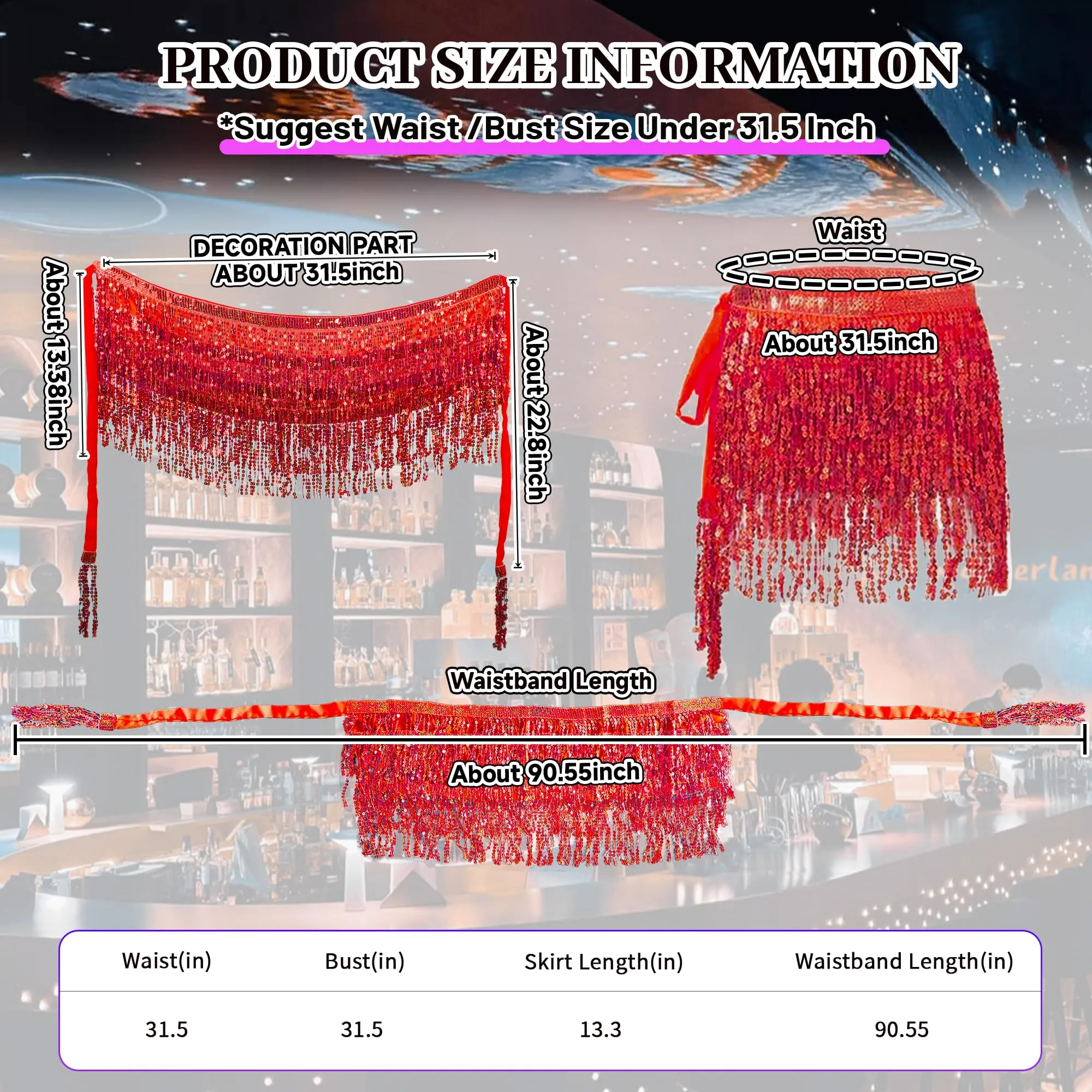 Baisdan Gonna con Paillettes e Nappe per Danza del Ventre, Rosso - immagine 3