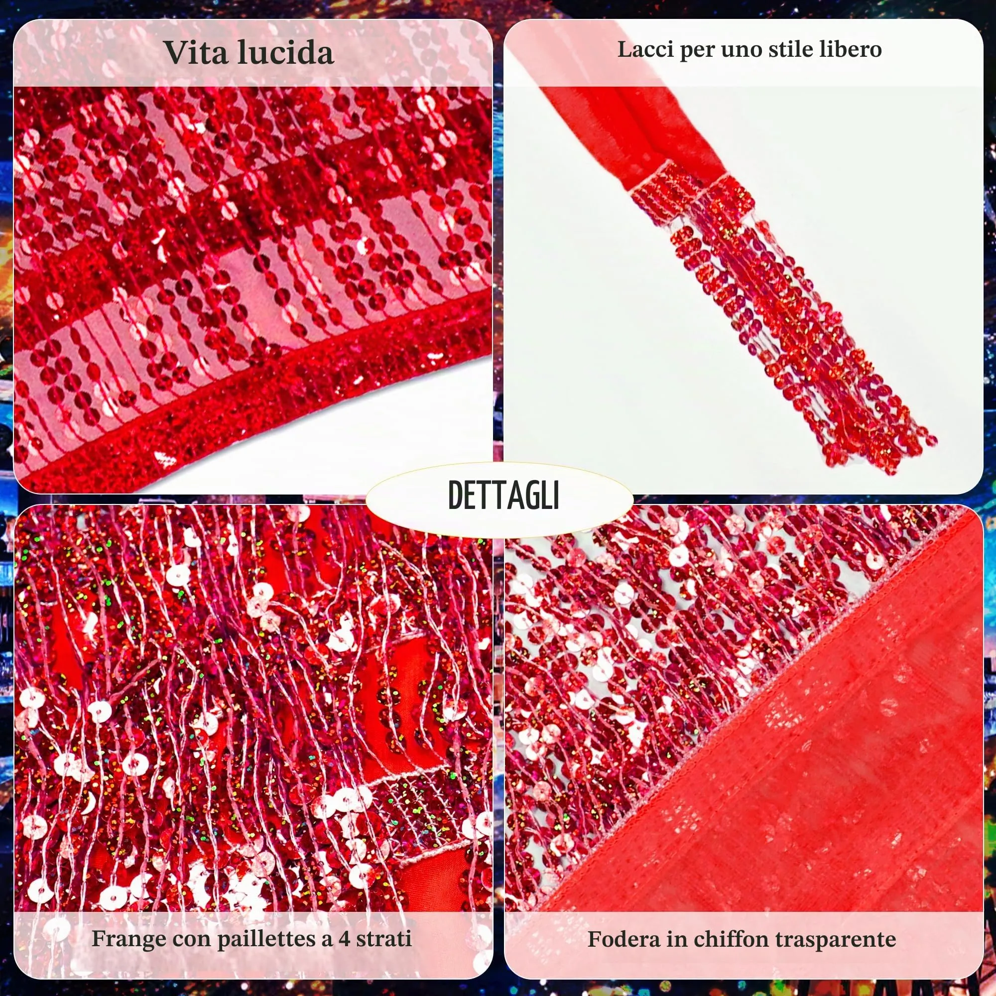 Baisdan Gonna con Paillettes e Nappe per Danza del Ventre, Rosso - immagine 4