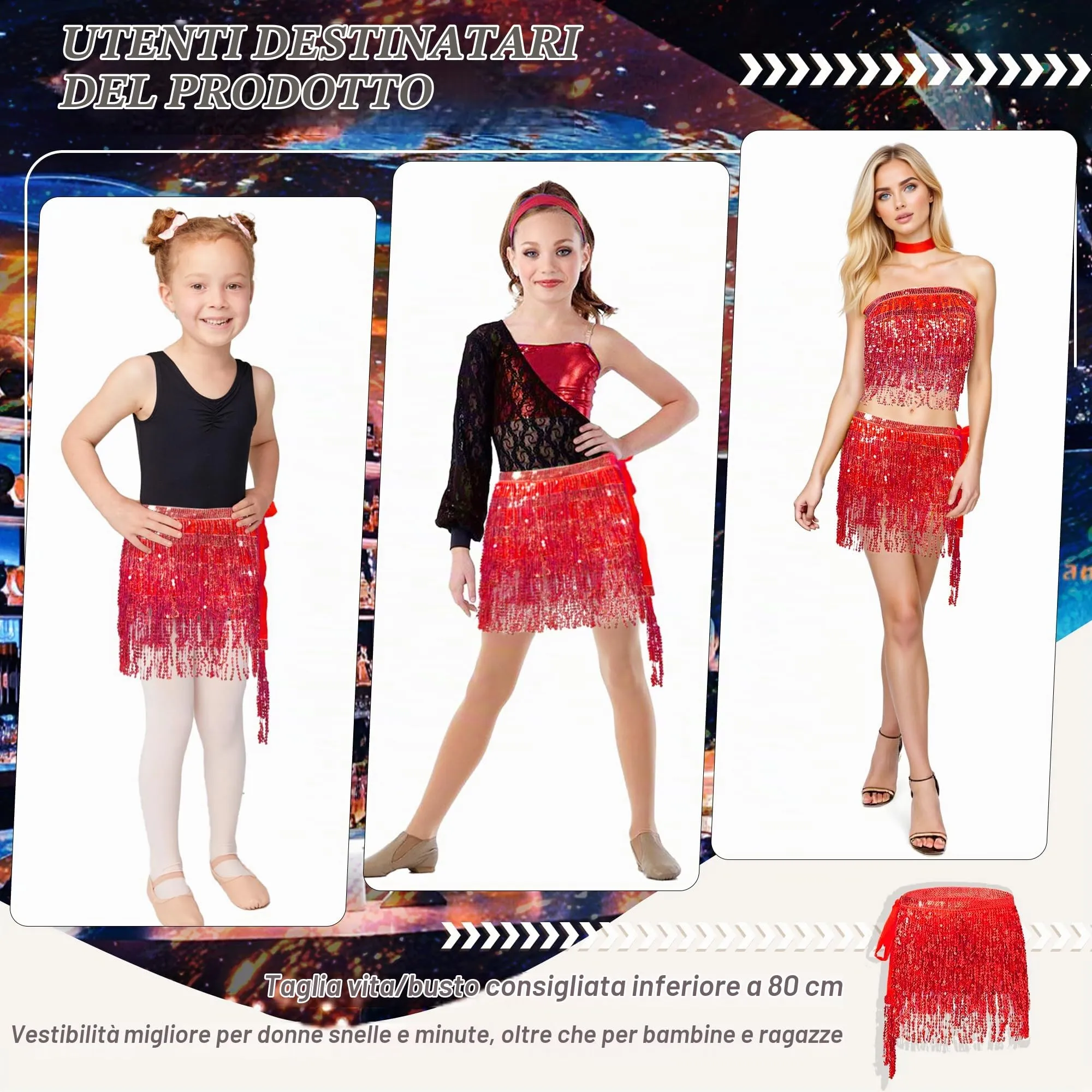 Baisdan Gonna con Paillettes e Nappe per Danza del Ventre, Rosso - immagine 5