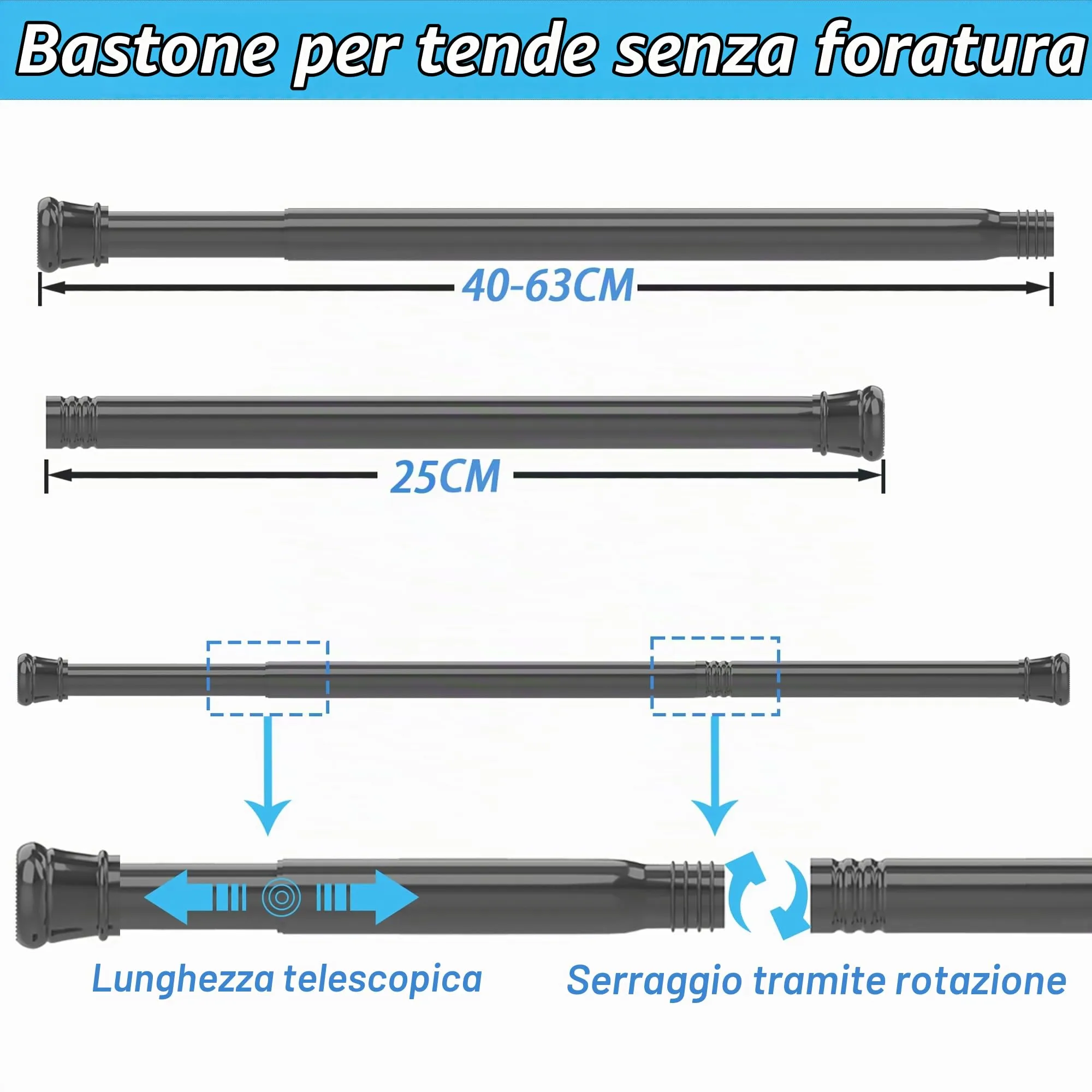 Aiitomg Bastone Tenda a Pressione Estensibile, 66-90cm, Diametro 25mm, Argento - immagine 3