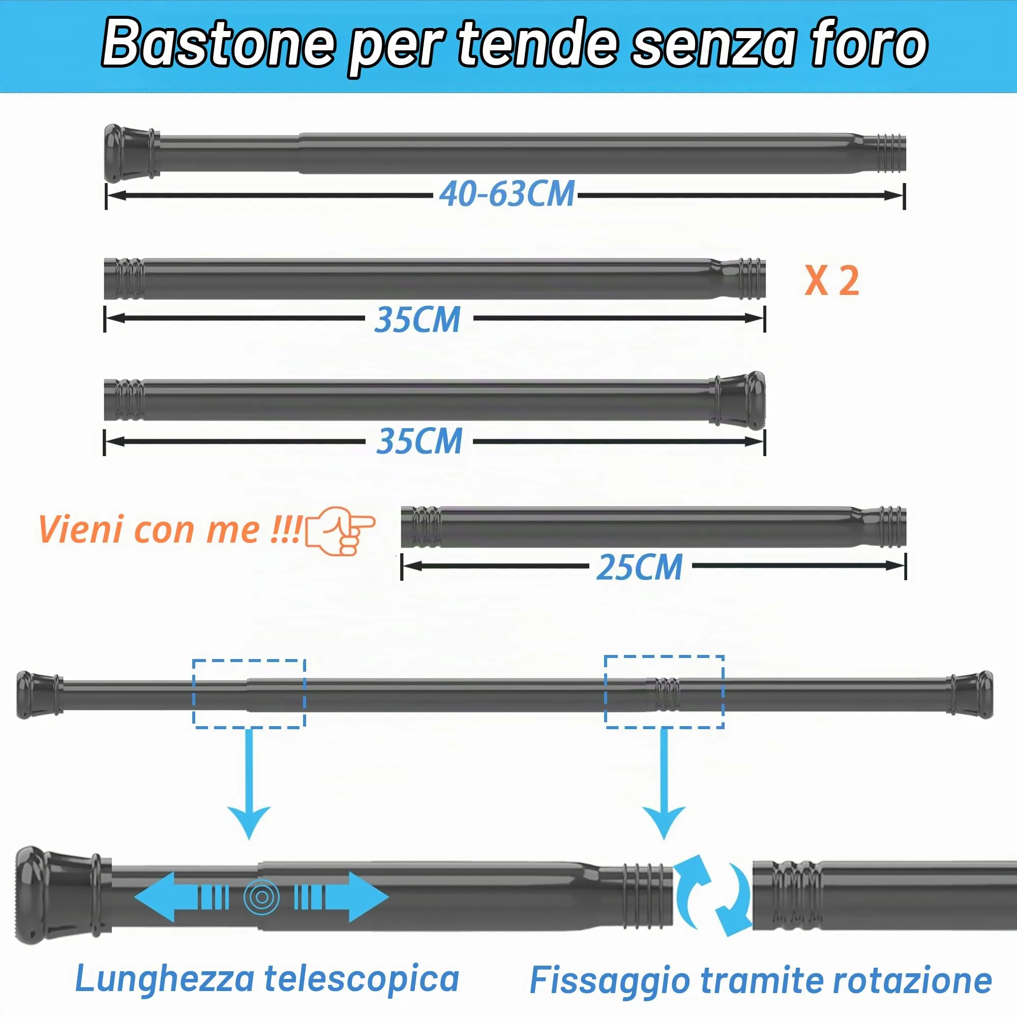 Aiitomg Bastone Tenda a Pressione, 83-190cm, Diametro 25mm, Nero - immagine 3