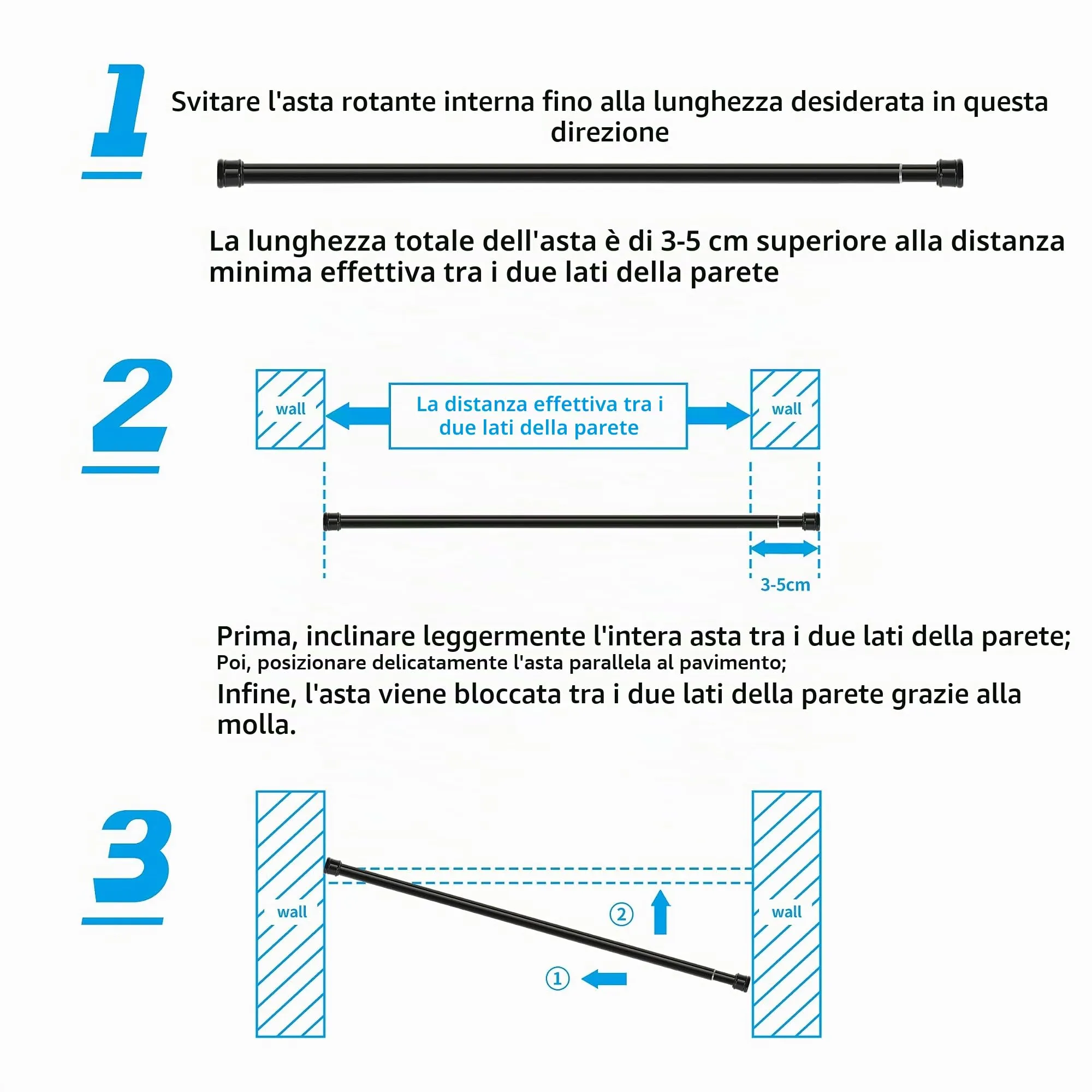 Aiitomg Bastone Tenda Doccia Estensibile a Pressione, 68-90cm, 2 Pezzi, Bianco - immagine 2