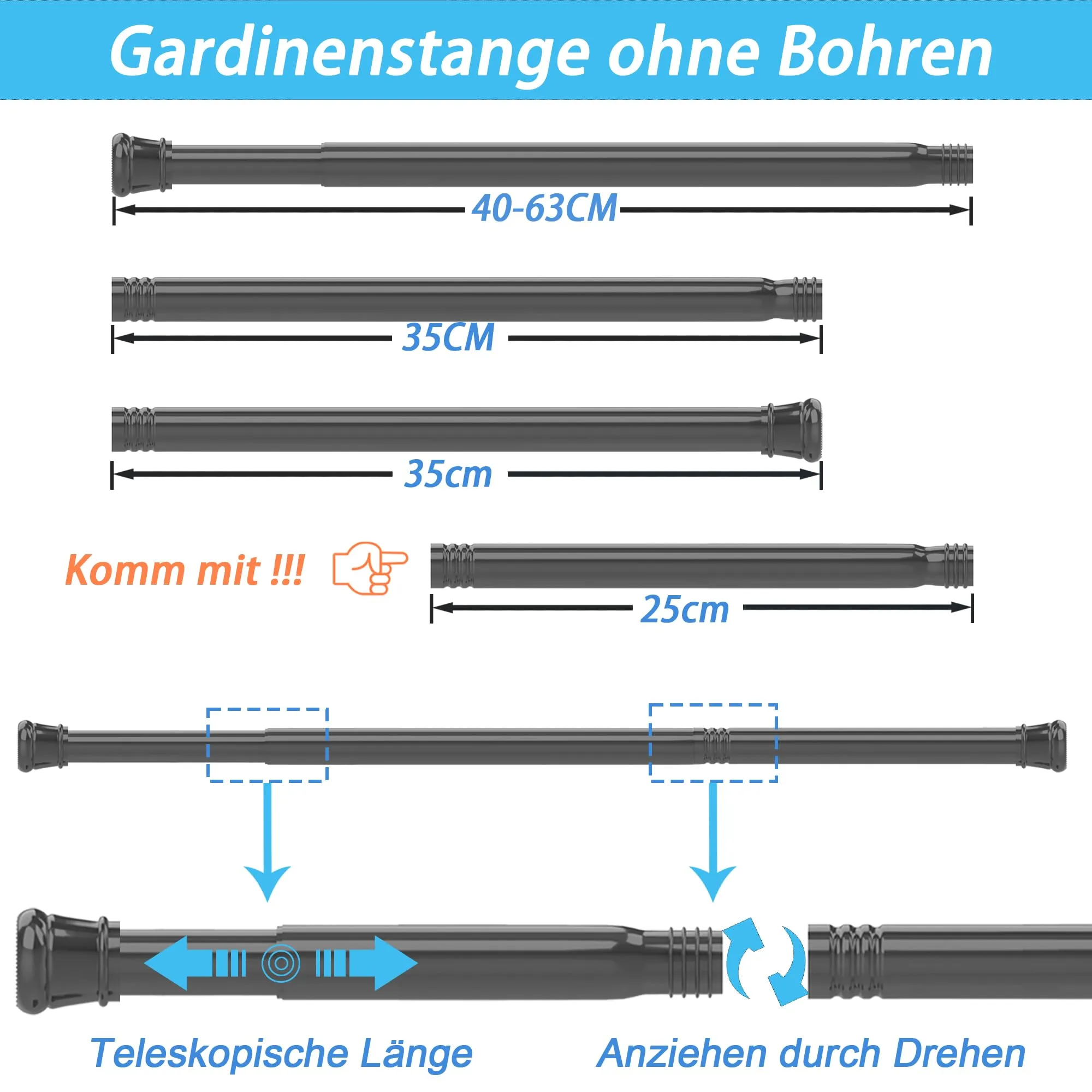 Aiitomg Bastone Tenda a Pressione Senza Forare, 83-160cm, Diametro 25mm, Nero - immagine 7